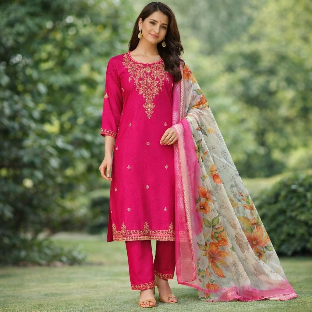 Al-Libas Zarkan Embellished 3-Piece Pink Suit with Heavy Neck Work & Digital Floral Dupatta