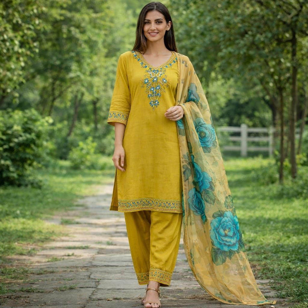 AL-Libas Sunshine Bloom Mustard Cutdana Embroidered 3-Piece Suit Set - 1