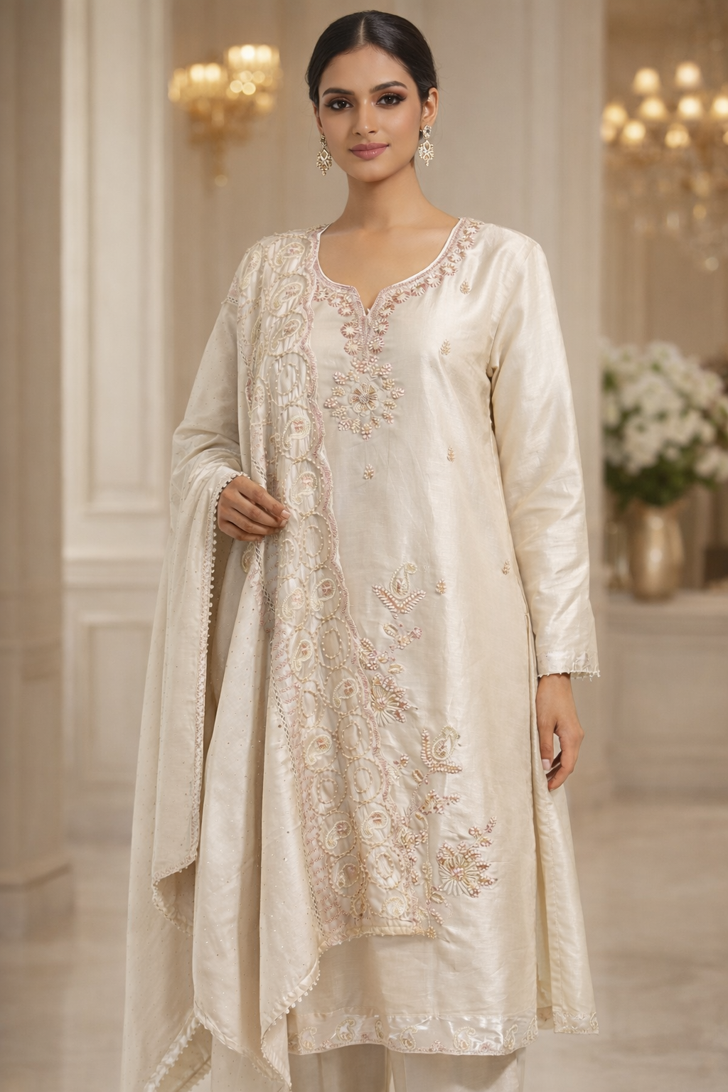 AL-Libas Premium Ivory Embroidered Straight Kurta Pant Set with Dupatta | Elegant Festive Wear for Women