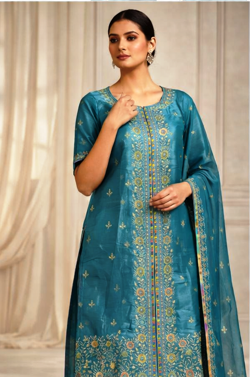 AL-Libas Women Teal Blue Embroidered Straight Kurta with Dupatta Set | Silk Blend Festive Ethnic Wear