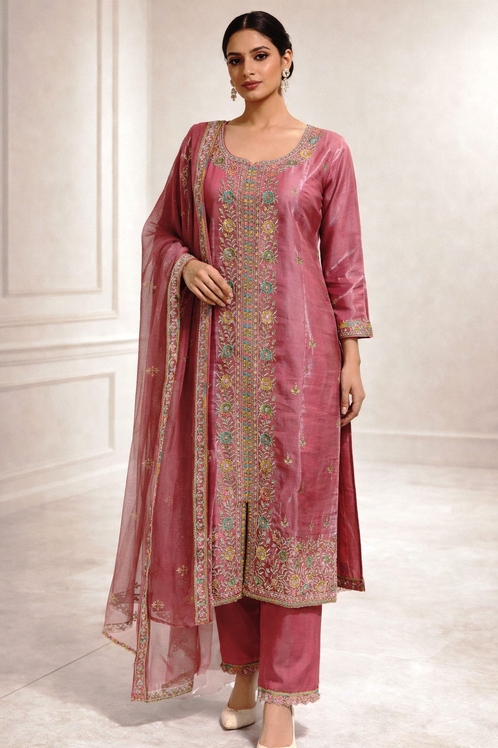 AL-Libas Women Teal Blue Embroidered Straight Kurta with Dupatta Set | Silk Blend Festive Ethnic Wear - 2