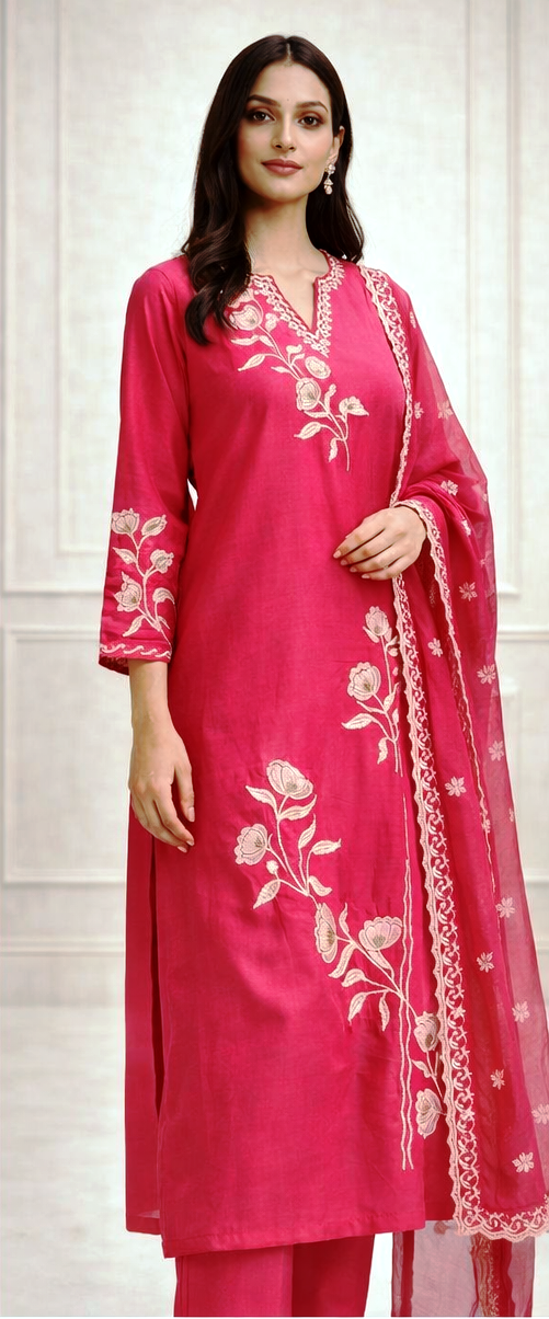 AL-Libas Women Rani Pink Embroidered Straight Kurta Pant Dupatta Set | Cotton Blend Festive Ethnic Wear - 1