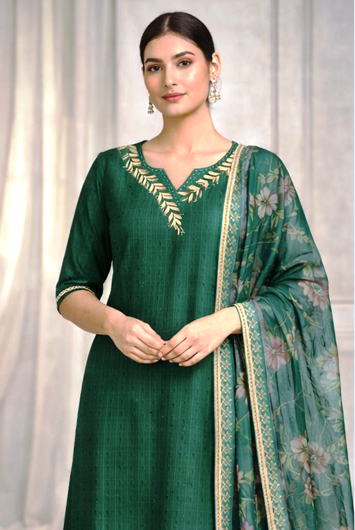 AL-Libas Women Bottle Green Embroidered Straight Kurta Pant Dupatta Set | Cotton Blend Festive Ethnic Wear