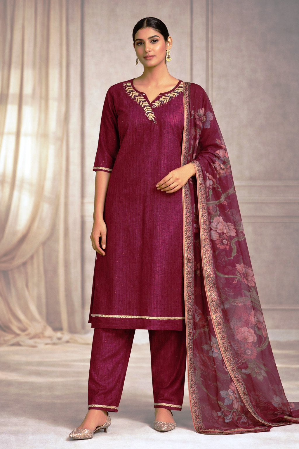 Al-Libas Women Wine Maroon Embroidered Straight Kurta Pant Dupatta Set | Cotton Blend Festive Ethnic Wear