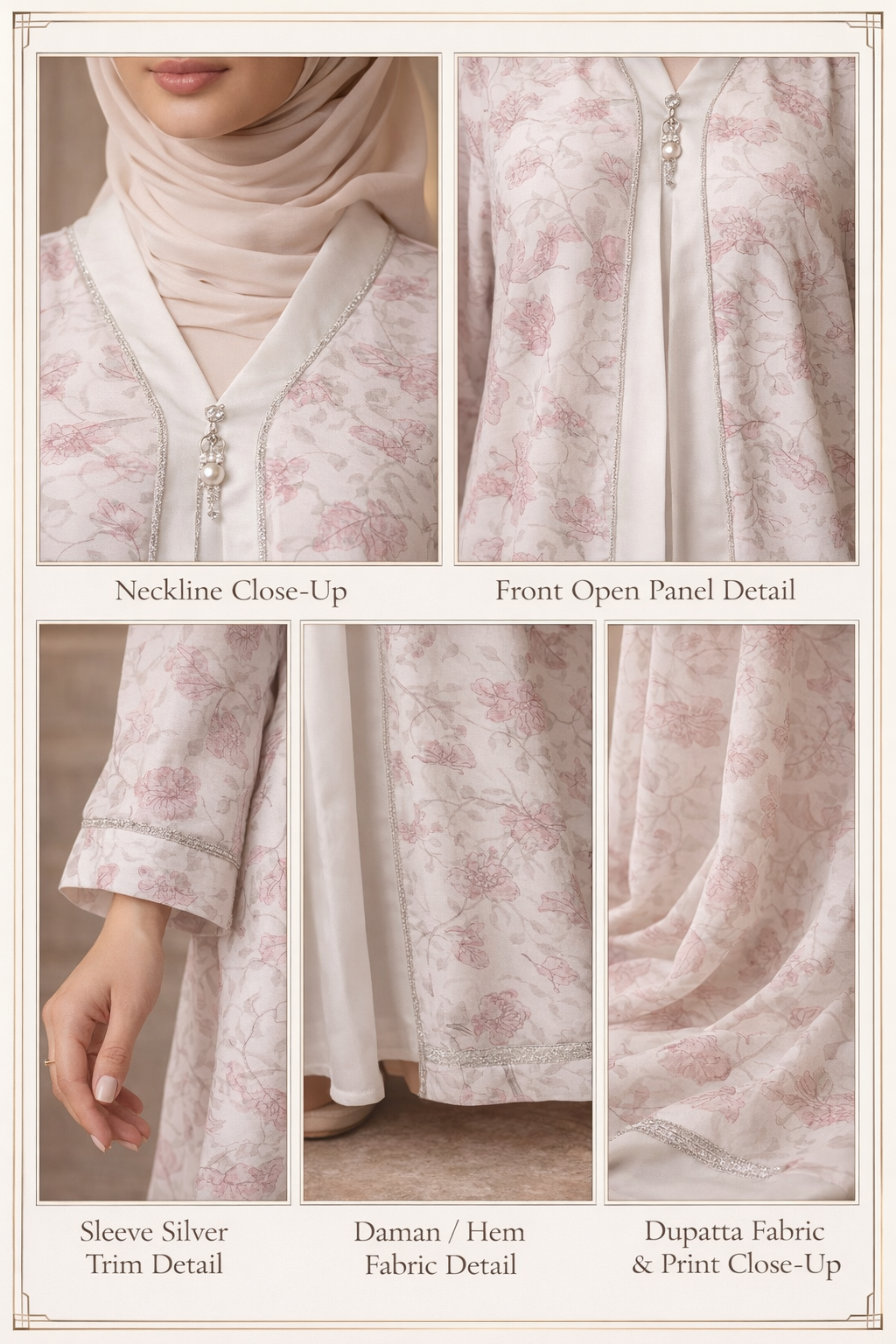 AL-Libas Women Pink Floral Printed Dubai Style Front Open Abaya Kurta Set with Inner & Dupatta | Full Length Modest Wear