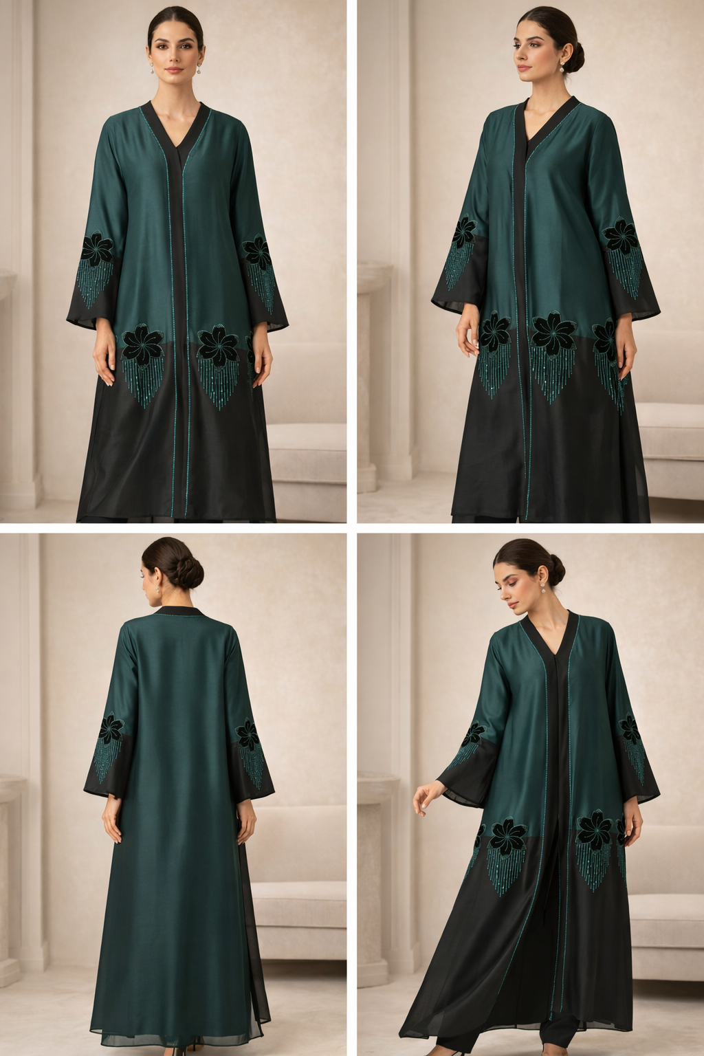 AL-Libas Women Pink Floral Printed Dubai Style Front Open Abaya Kurta Set with Inner & Dupatta | Full Length Modest Wear - 2