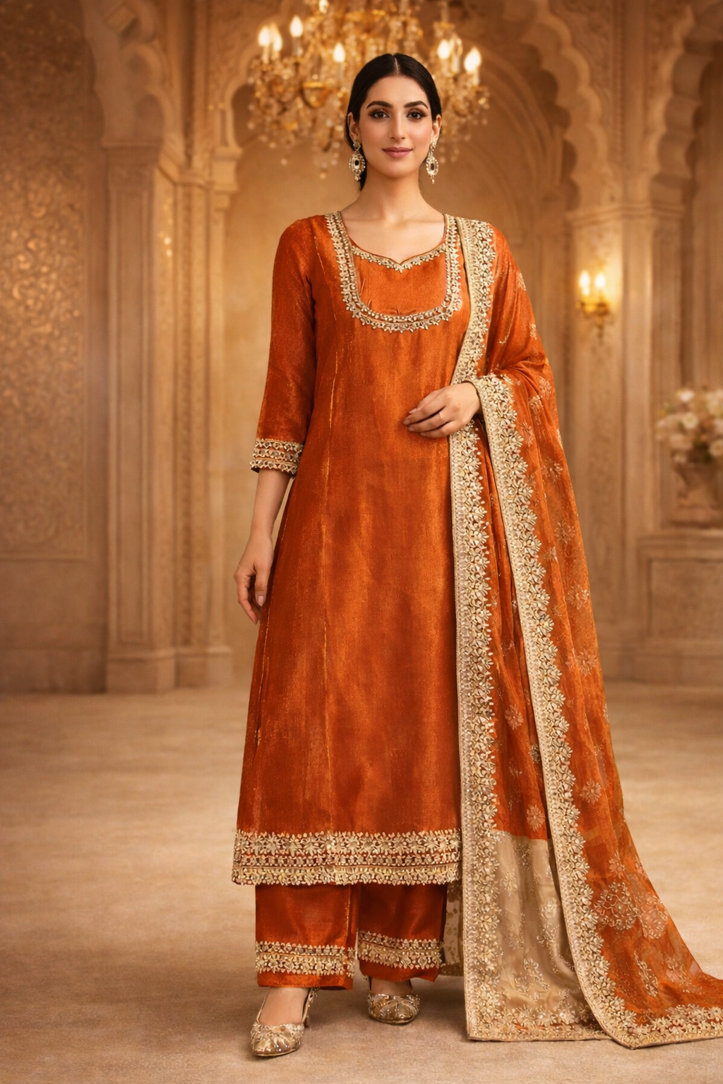 AL-Libas Rust Orange Gazi Glass Embroidered Kurta Set for Women with Pants & Organza Dupatta | Festive Ethnic Wear - 1