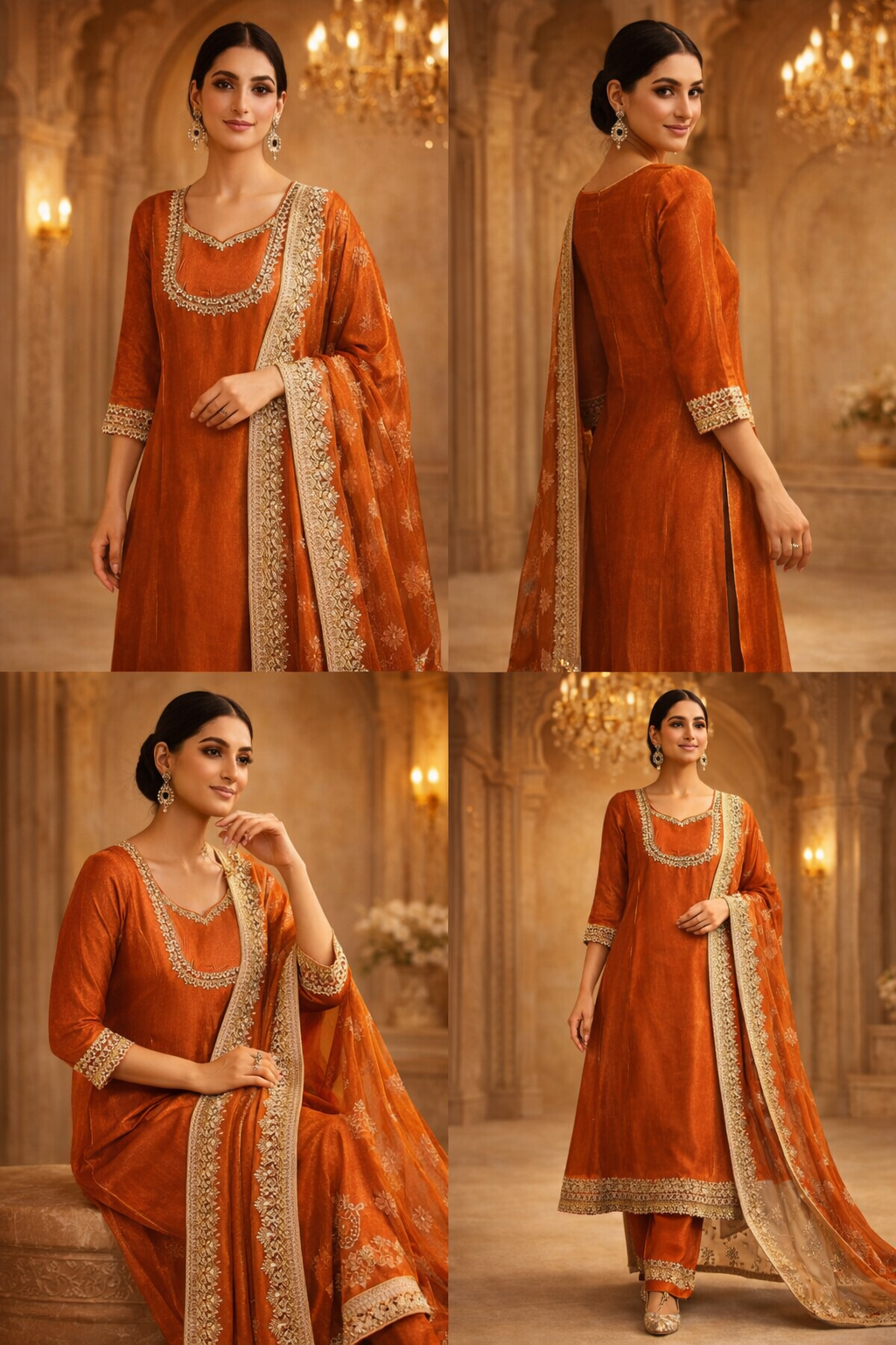 AL-Libas Rust Orange Gazi Glass Embroidered Kurta Set for Women with Pants & Organza Dupatta | Festive Ethnic Wear - 2