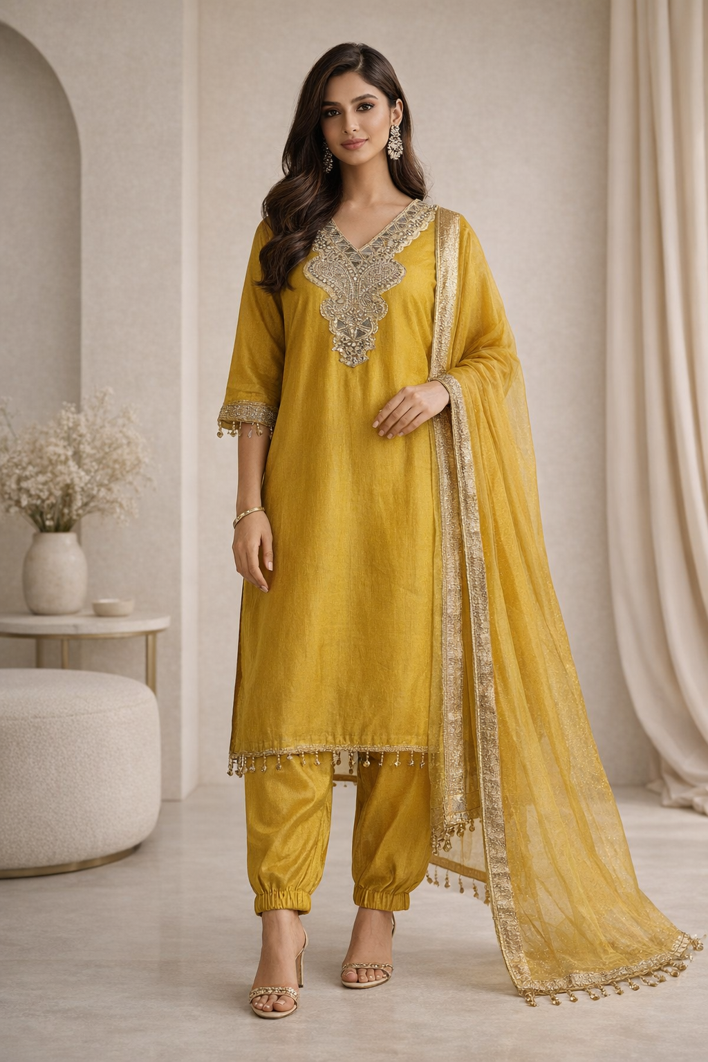 AL-Libas Women Embroidered Kurta Pant Set | V-Neck Ethnic Straight Kurti | Festive Wear | 2 Color Options - 1