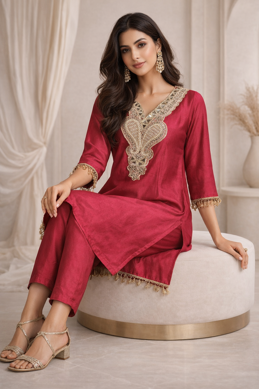 AL-Libas Women Embroidered Kurta Pant Set | V-Neck Ethnic Straight Kurti | Festive Wear | 2 Color Options - 2