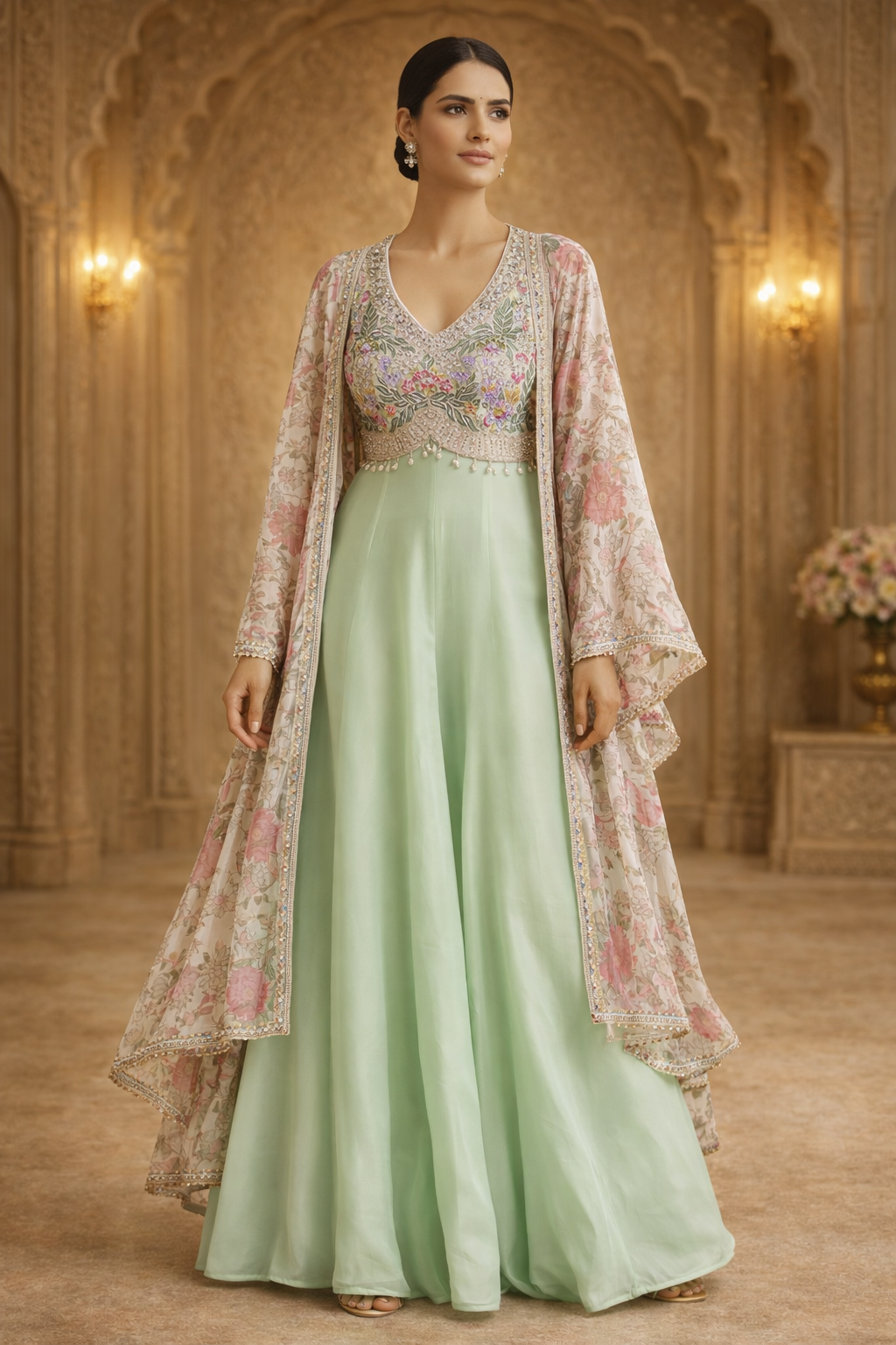 AL-Libas Women's Pastel Blue Embroidered Crop Top Palazzo Set with Floral Printed Organza Shrug - 1