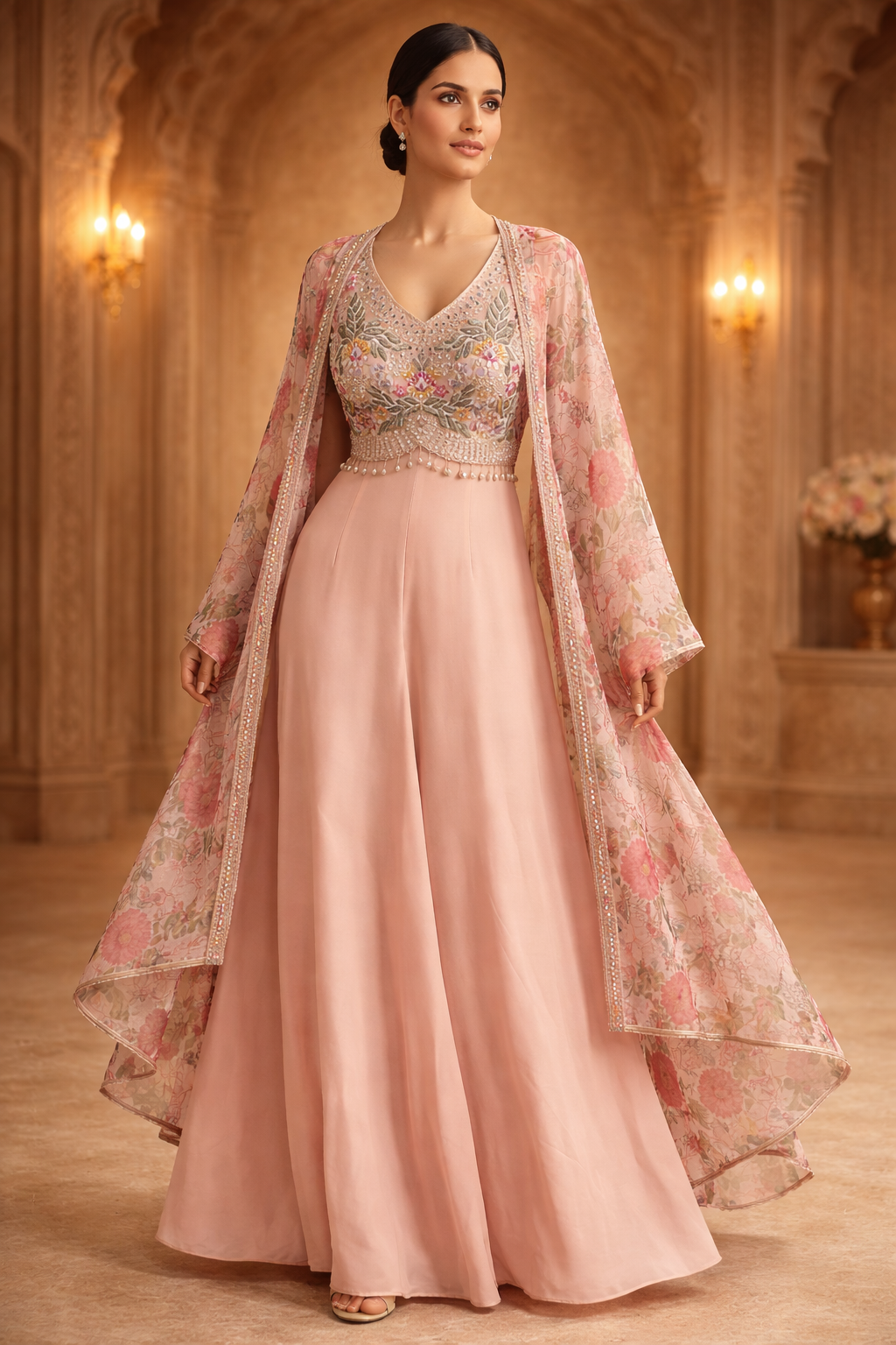 AL-Libas Women's Pastel Blue Embroidered Crop Top Palazzo Set with Floral Printed Organza Shrug - 2