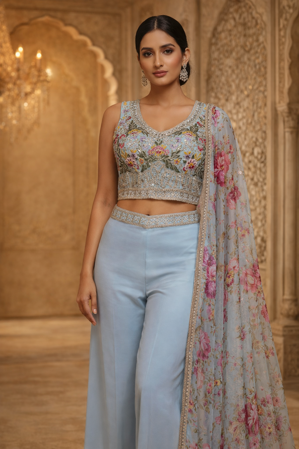 AL-Libas Women's Pastel Blue Embroidered Crop Top Palazzo Set with Floral Printed Organza Shrug - 3