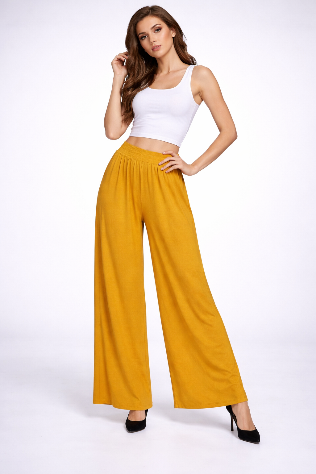 Women Solid Wide Leg Palazzo Pants | Elastic Waist Casual Comfort Palazzo Trousers - 2
