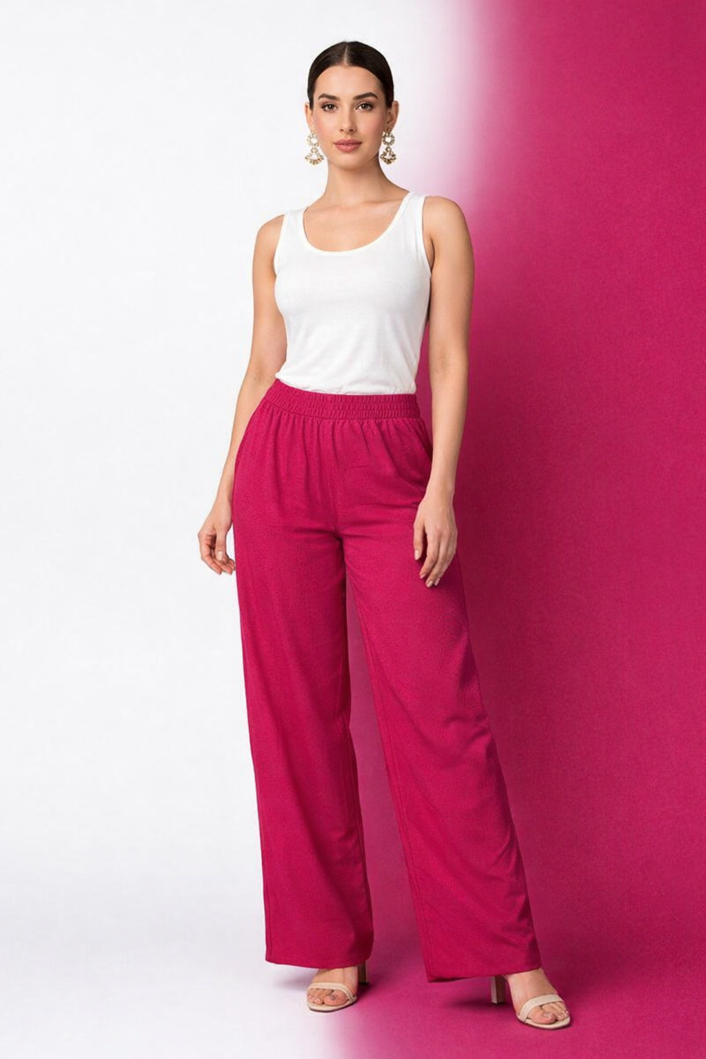 Women Solid Wide Leg Palazzo Pants | Elastic Waist Casual Comfort Palazzo Trousers - 4