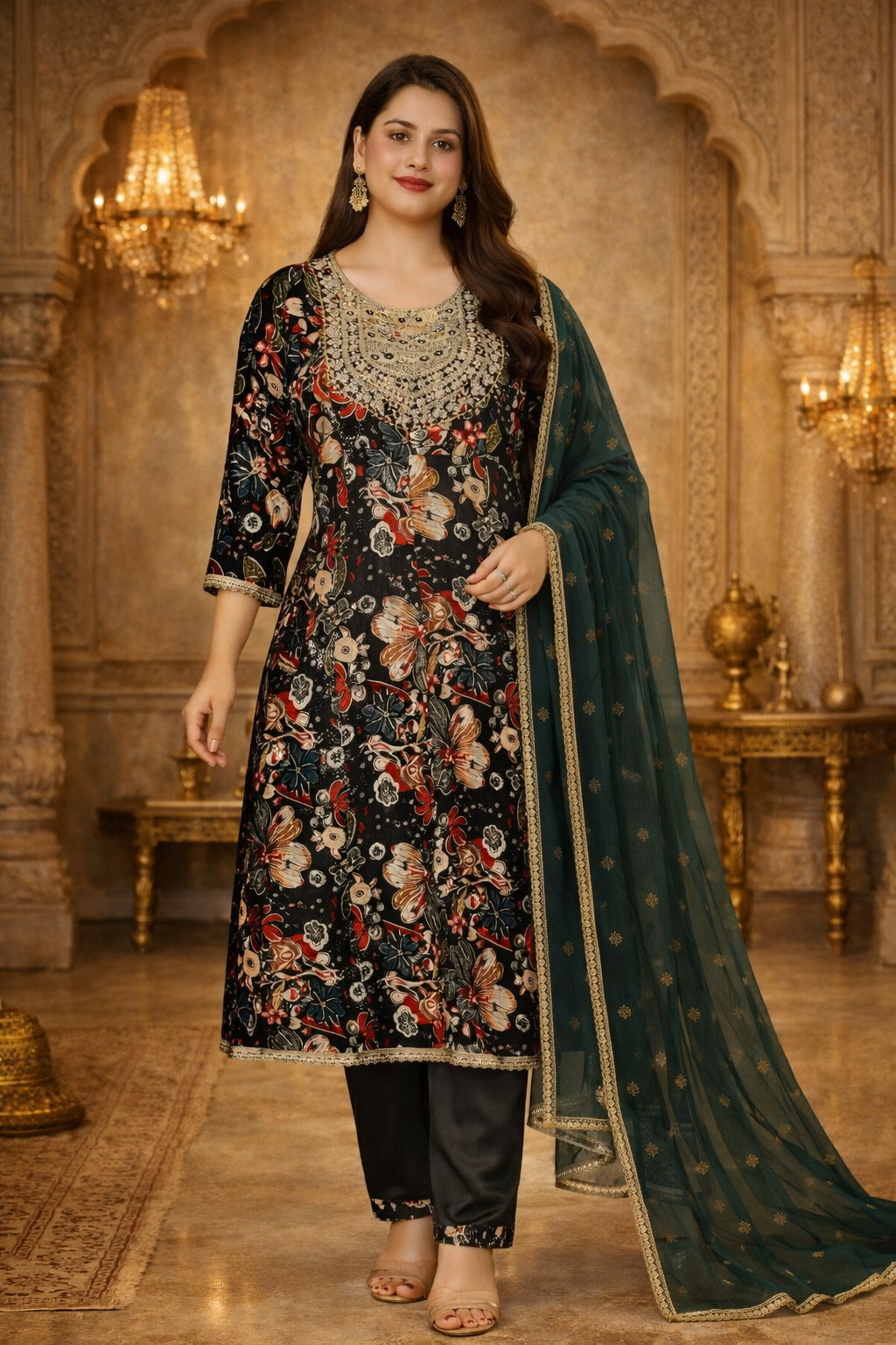 Women Rama Green Floral Printed Kurta Pant Set with Embroidered Neckline & Chiffon Dupatta