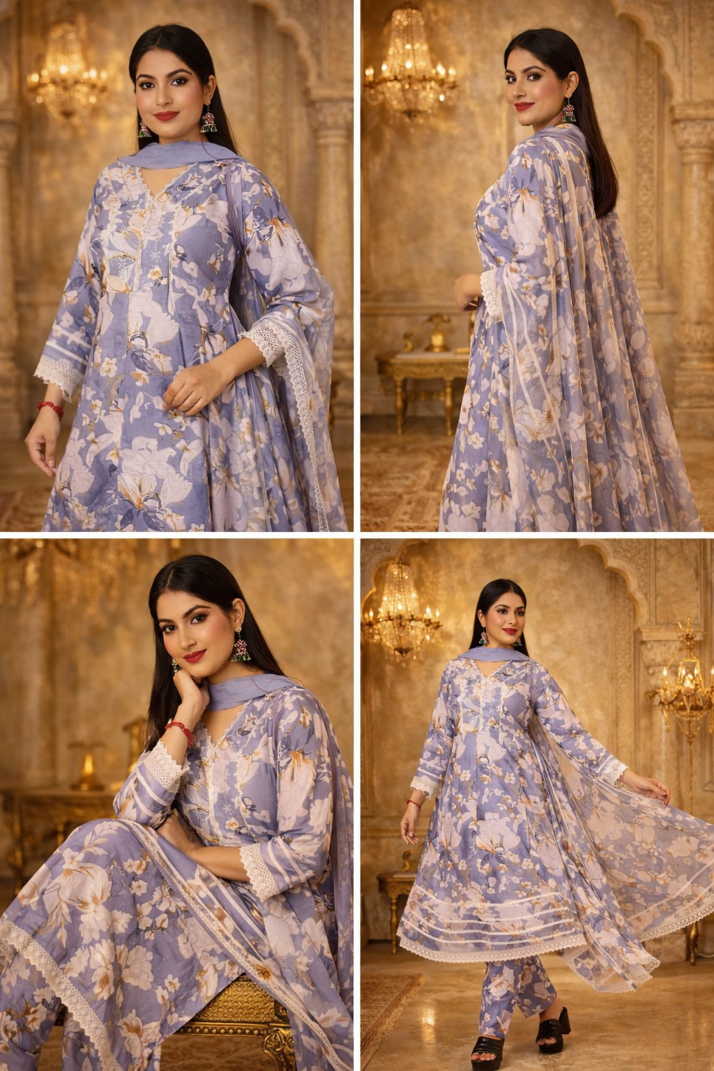 Women Rama Green Floral Printed Kurta Pant Set with Embroidered Neckline & Chiffon Dupatta - 2