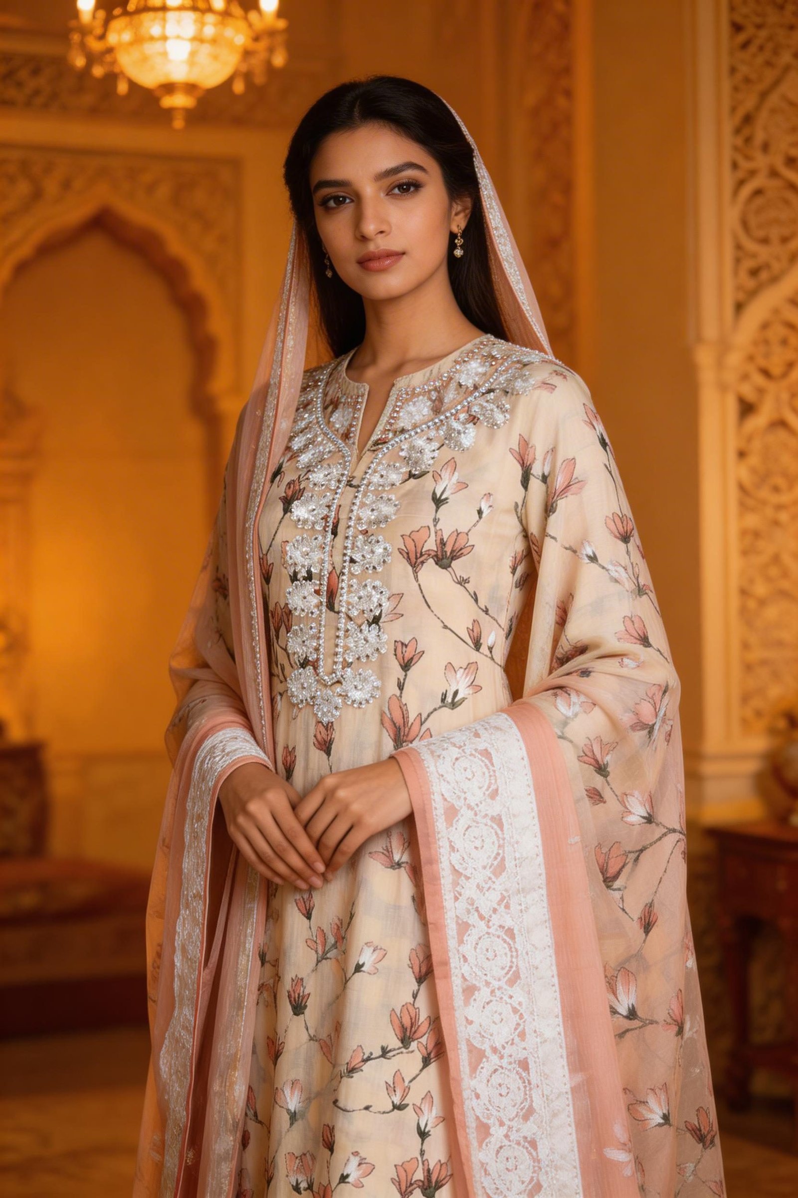 AL-Libas Women Ivory Peach Floral Printed Kurta Pant Set with Embroidered Neck & Lace Border Dupatta | Ethnic 3 Piece Suit - 1