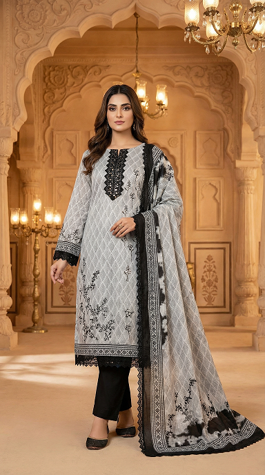 AL-Libas Women Grey Black Printed Kurta Pant Set with Embroidered Neck & Dupatta | Ethnic 3 Piece Suit