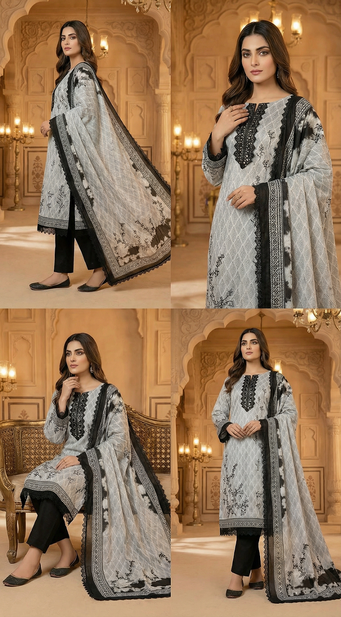 AL-Libas Women Grey Black Printed Kurta Pant Set with Embroidered Neck & Dupatta | Ethnic 3 Piece Suit - 2