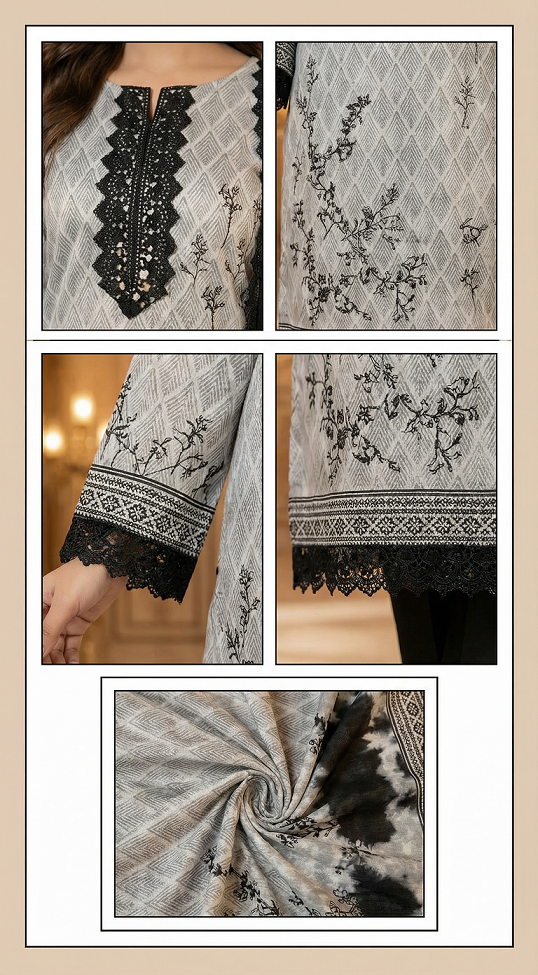 AL-Libas Women Grey Black Printed Kurta Pant Set with Embroidered Neck & Dupatta | Ethnic 3 Piece Suit - 3