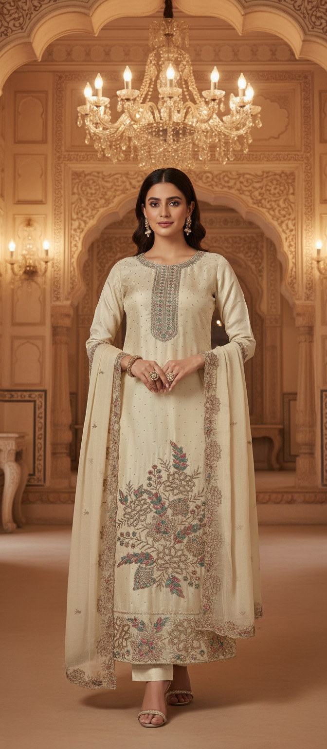 AL-Libas Women Off White Embroidered Unstitched Salwar Suit with Heavy Neck Work | Party Wear Dress Material
