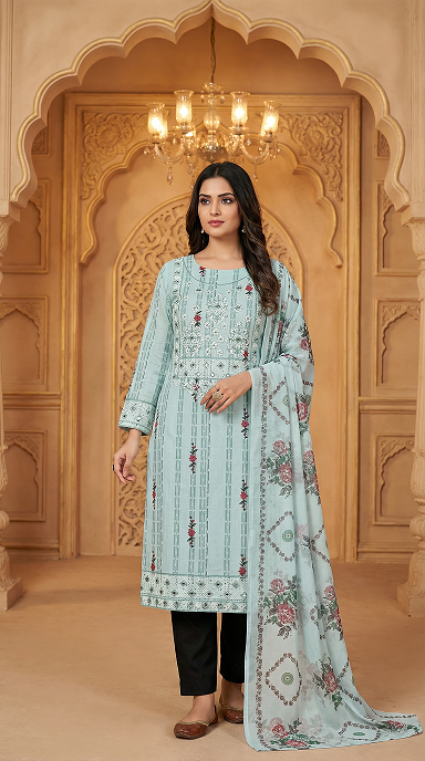 AL-Libas Women Sea Green Floral Printed Unstitched Cotton Salwar Suit with Dupatta | Soft Cotton Dress Material