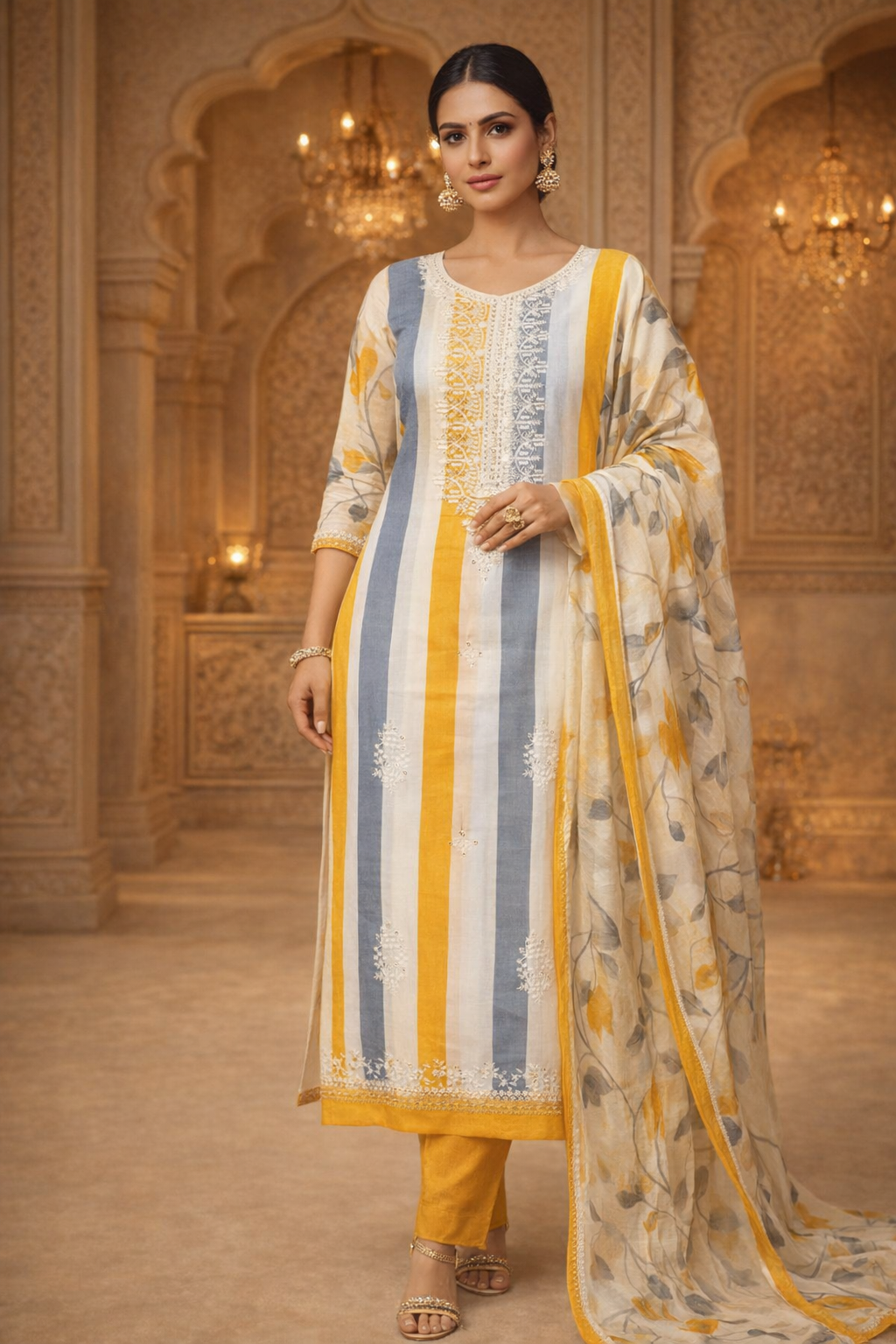 AL-Libas Women Striped Cotton Kurta Pant Set with Printed Dupatta | Yellow Grey Ethnic Straight Kurta Set - 1