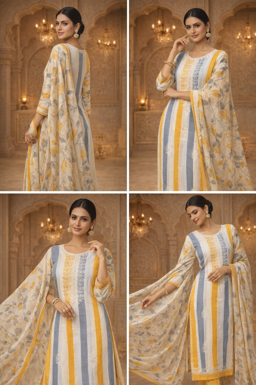 AL-Libas Women Striped Cotton Kurta Pant Set with Printed Dupatta | Yellow Grey Ethnic Straight Kurta Set - 2