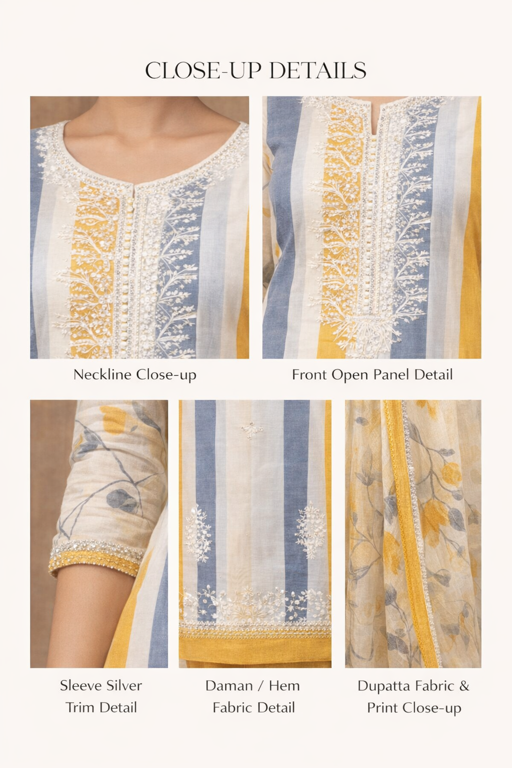 AL-Libas Women Striped Cotton Kurta Pant Set with Printed Dupatta | Yellow Grey Ethnic Straight Kurta Set - 3