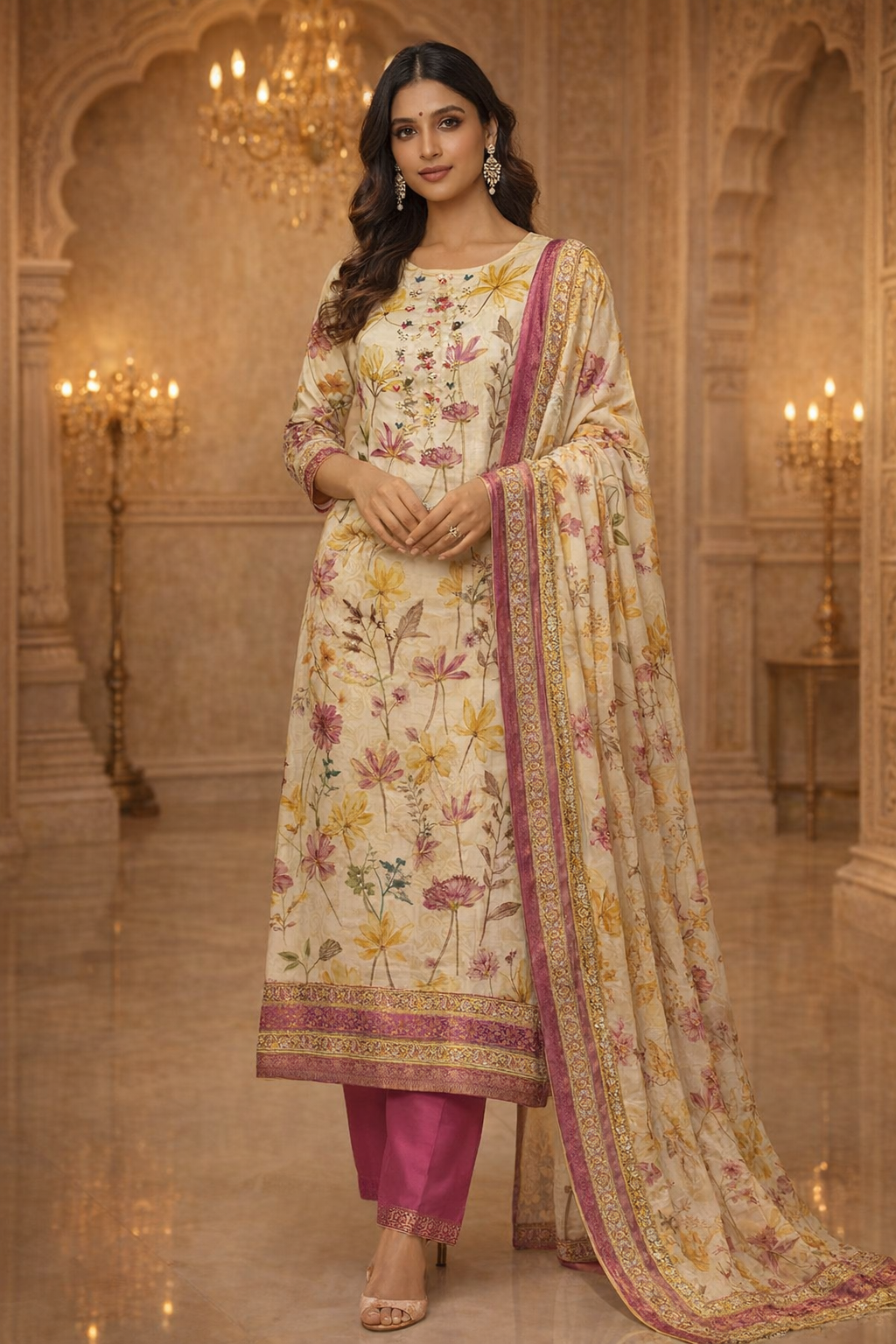 AL-Libas Women Floral Printed Cotton Kurta Pant Set with Dupatta | Cream Pink Ethnic Straight Kurta Suit - 1