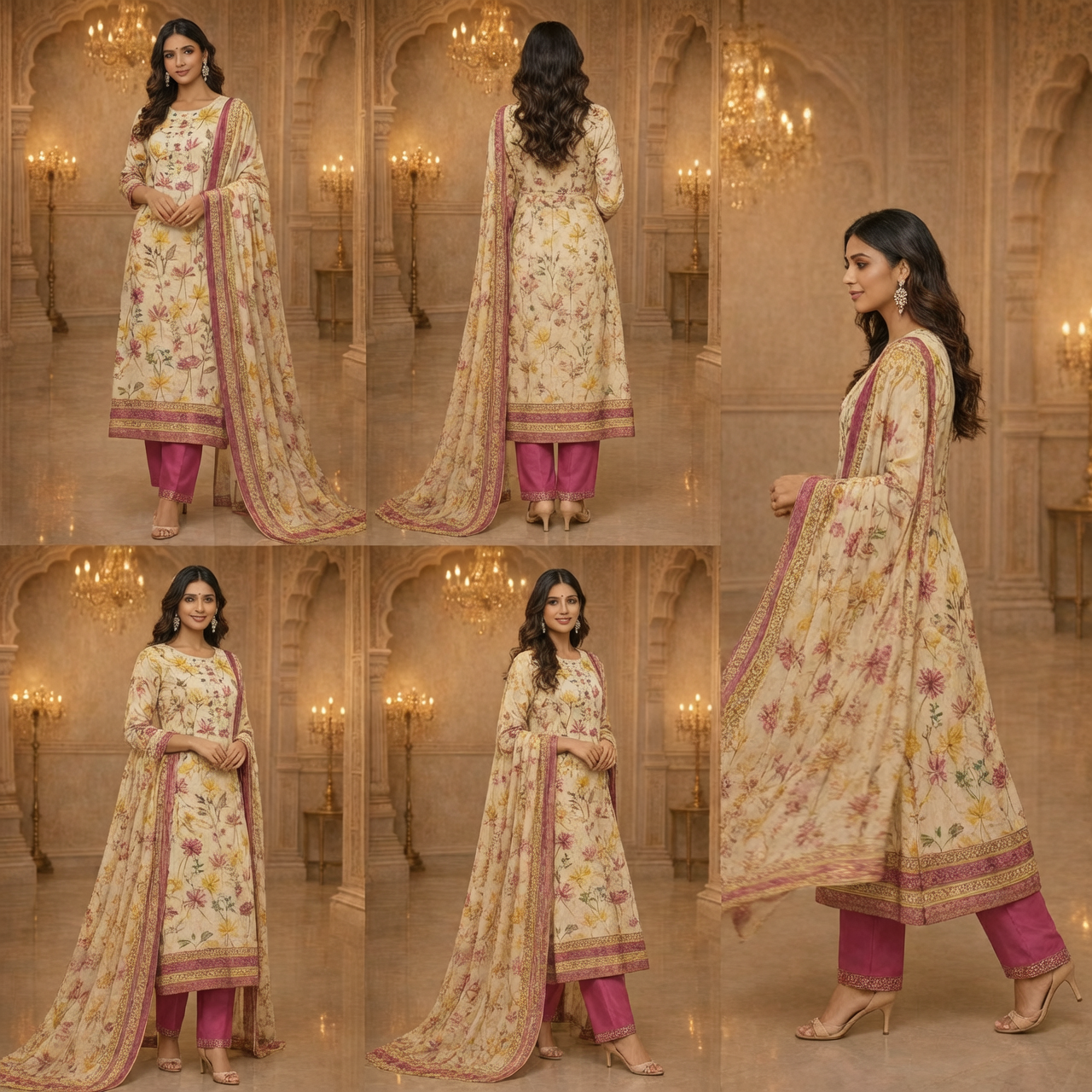 AL-Libas Women Floral Printed Cotton Kurta Pant Set with Dupatta | Cream Pink Ethnic Straight Kurta Suit - 2