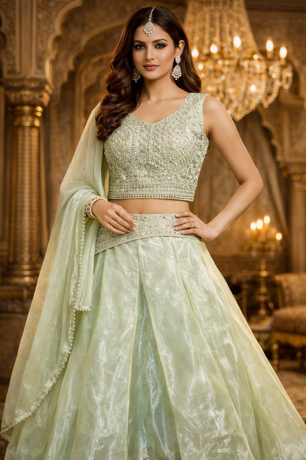 AL-Libas Women’s Sea Green Embroidered Lehenga Choli Set with Net Dupatta – Wedding Party Wear Ethnic Lehenga