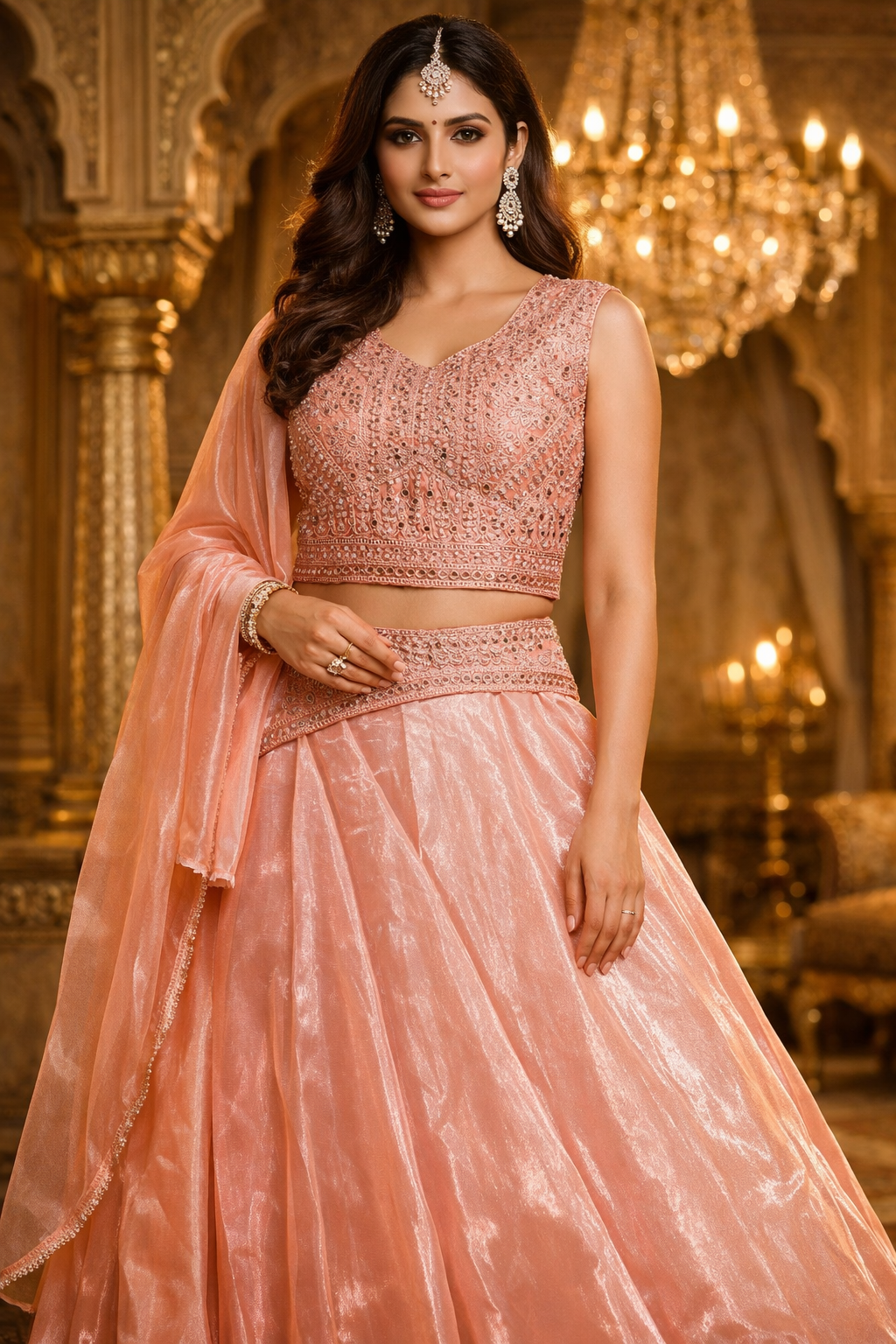 AL-Libas Women’s Peach Embroidered Lehenga Choli Set with Dupatta – Wedding Party Wear Ethnic Lehenga - 1