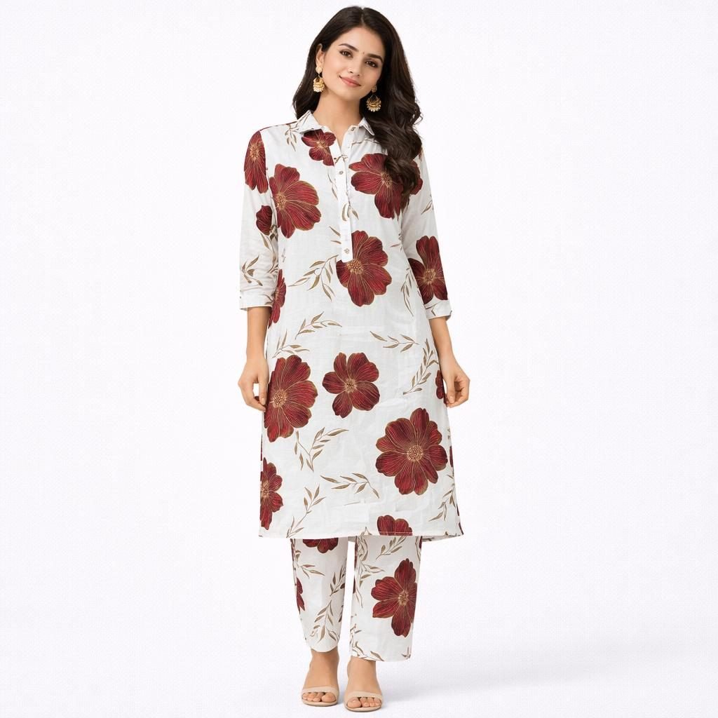 AL-Malabish Women Floral Printed Cotton Co-Ord Set | Casual Shirt Top & Pant Set for Women - 1