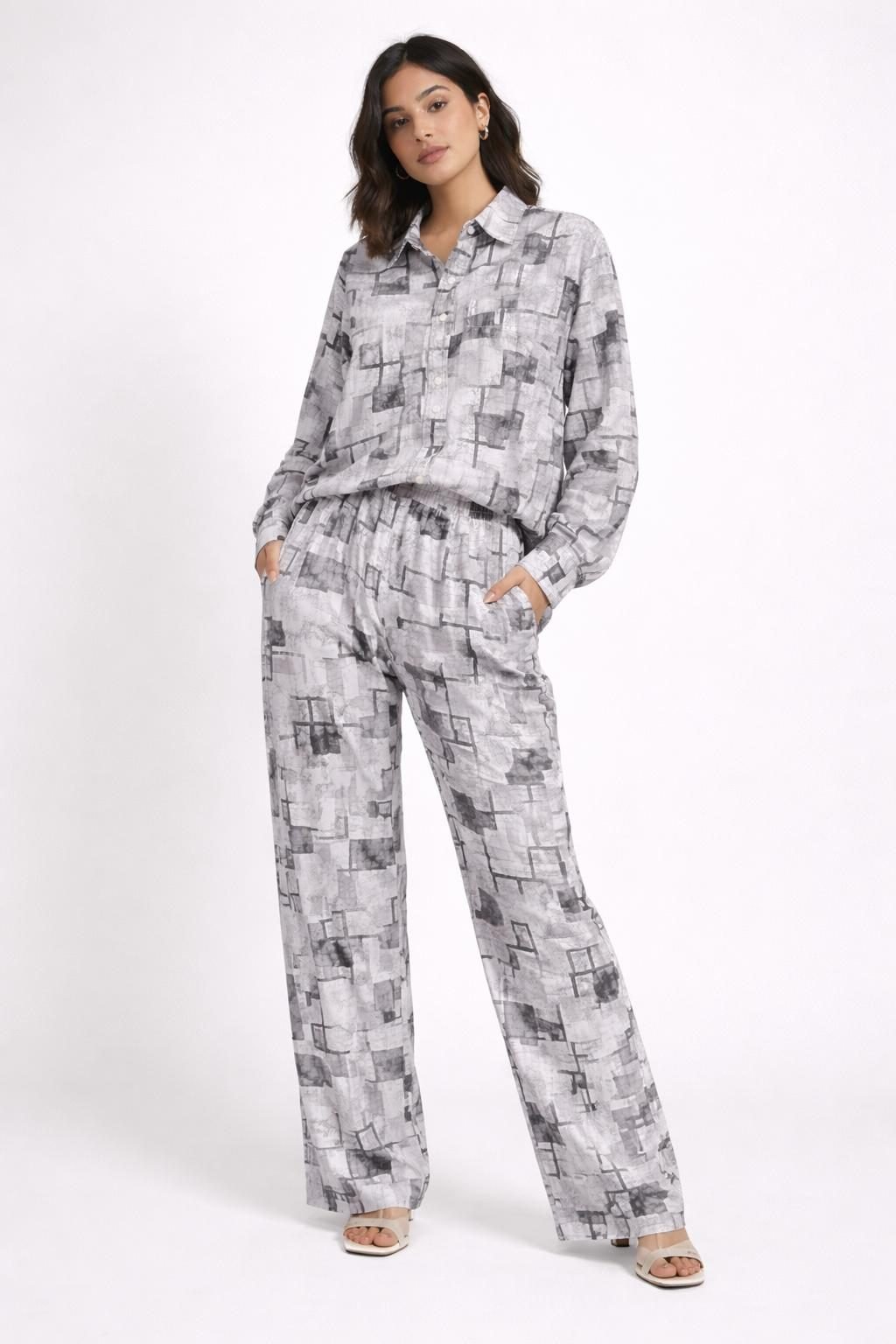 Women Grey Abstract Printed Co-Ord Set | Collared Shirt with Straight Pants | Casual Lounge Wear - 1