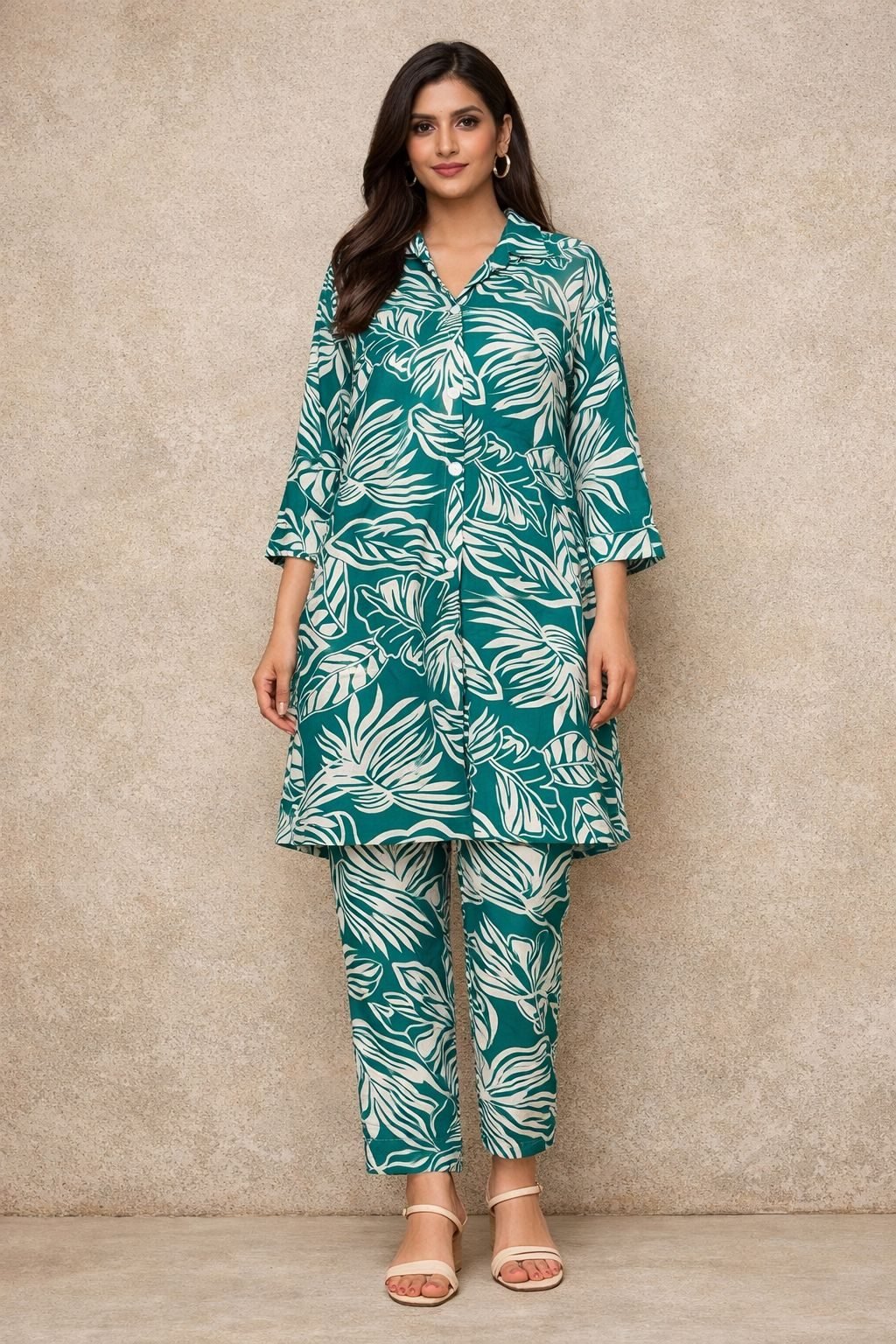 AL-Malabish Women Green Leaf Printed Kurta Pant Set | Casual Button Kurti with Straight Pants | Regular Fit