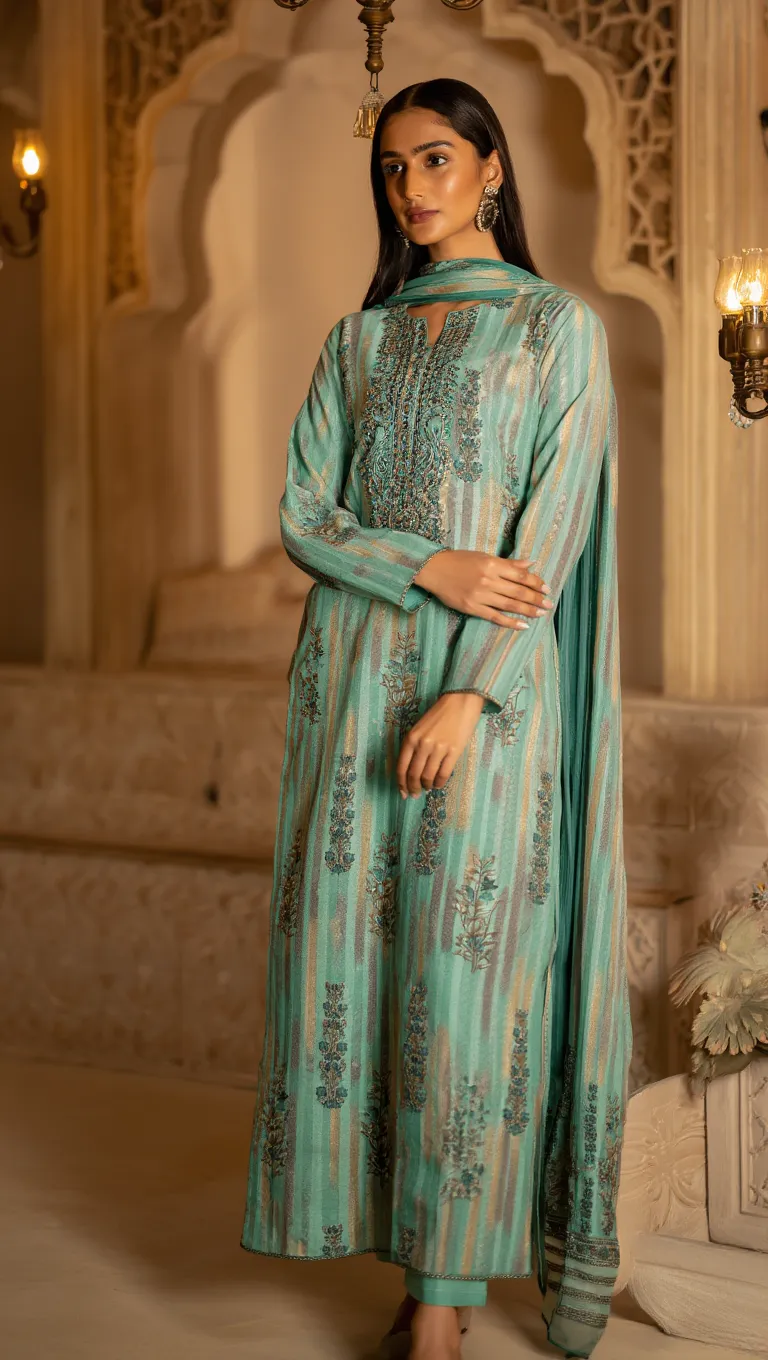 AL-Malabish Women Sea Green Embroidered Unstitched Salwar Suit with Dupatta | Ethnic Festive Dress Material