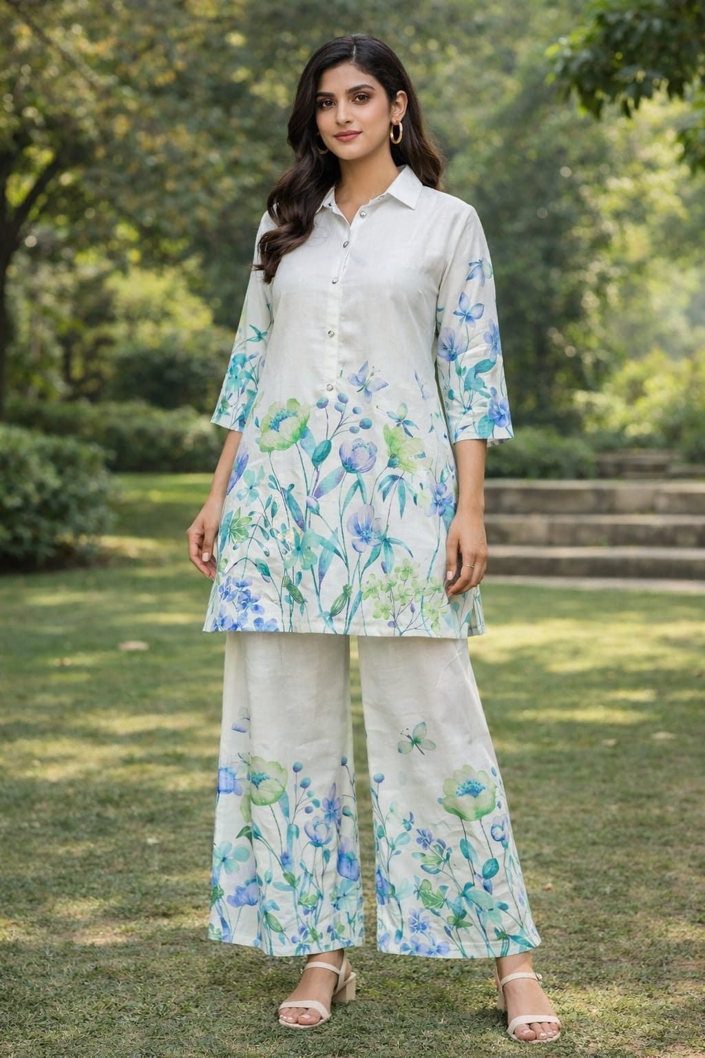 AL-Malabish Women White Floral Printed Co-Ord Set | Casual Shirt Kurti with Palazzo Pants | Regular Fit