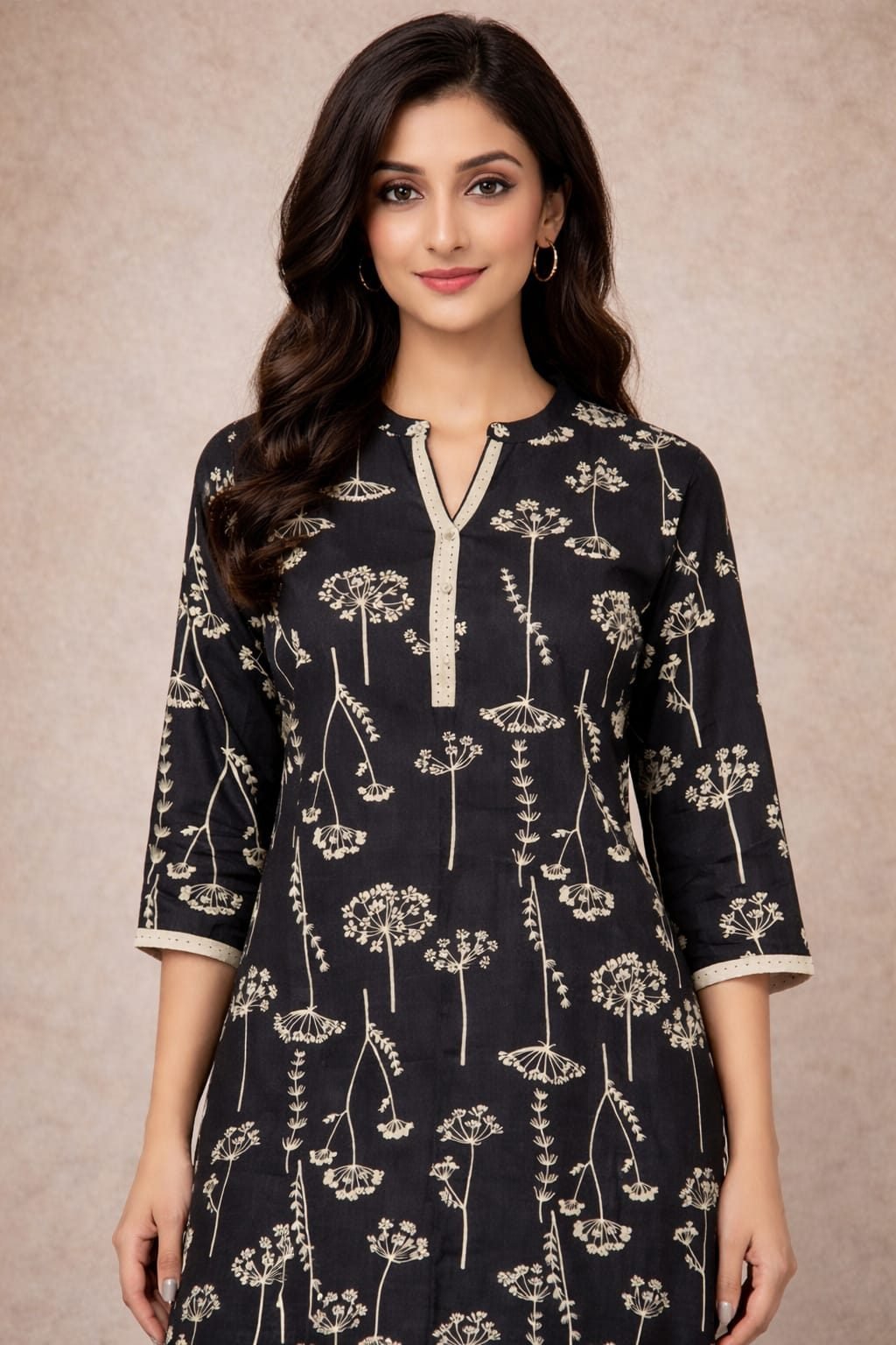 AL-Libas Women Black Floral Printed Straight Kurta | Cotton Blend 3/4 Sleeve Casual Ethnic Kurti