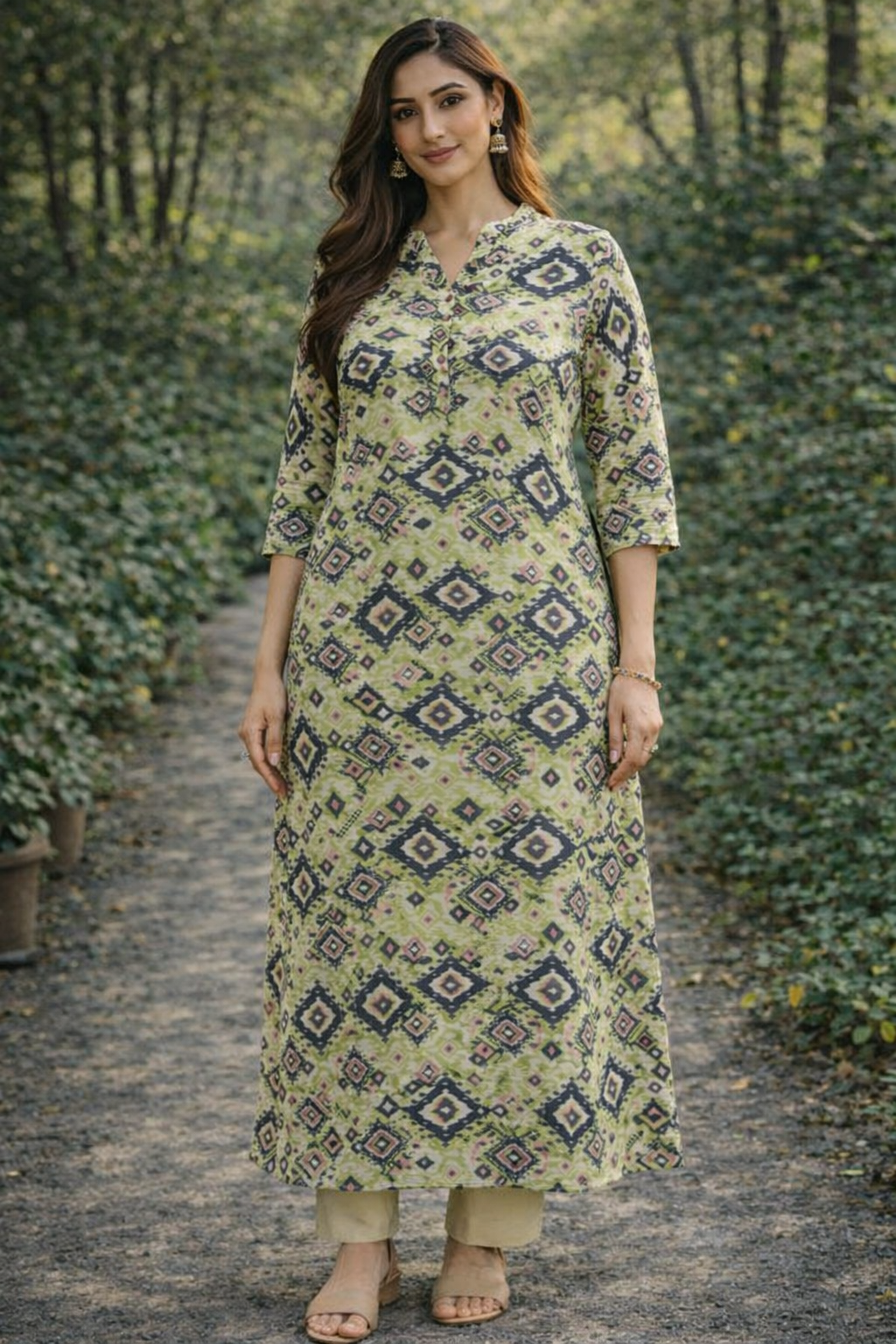 AL-Libas Women Green Cotton Geometric Printed Straight Kurti Ankle Length Casual Ethnic Wear