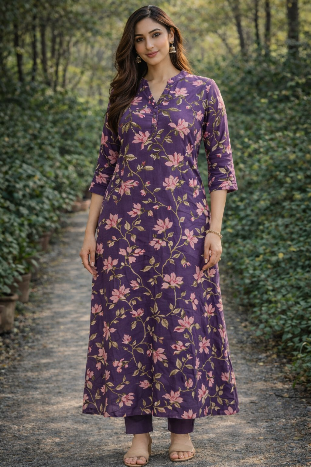Women Purple Cotton Floral Printed Ankle Length Straight Kurti Casual Ethnic Wear - 1