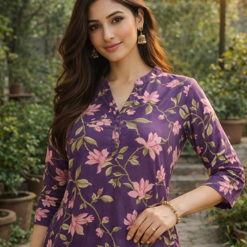 Women Purple Cotton Floral Printed Ankle Length Straight Kurti Casual Ethnic Wear - 2