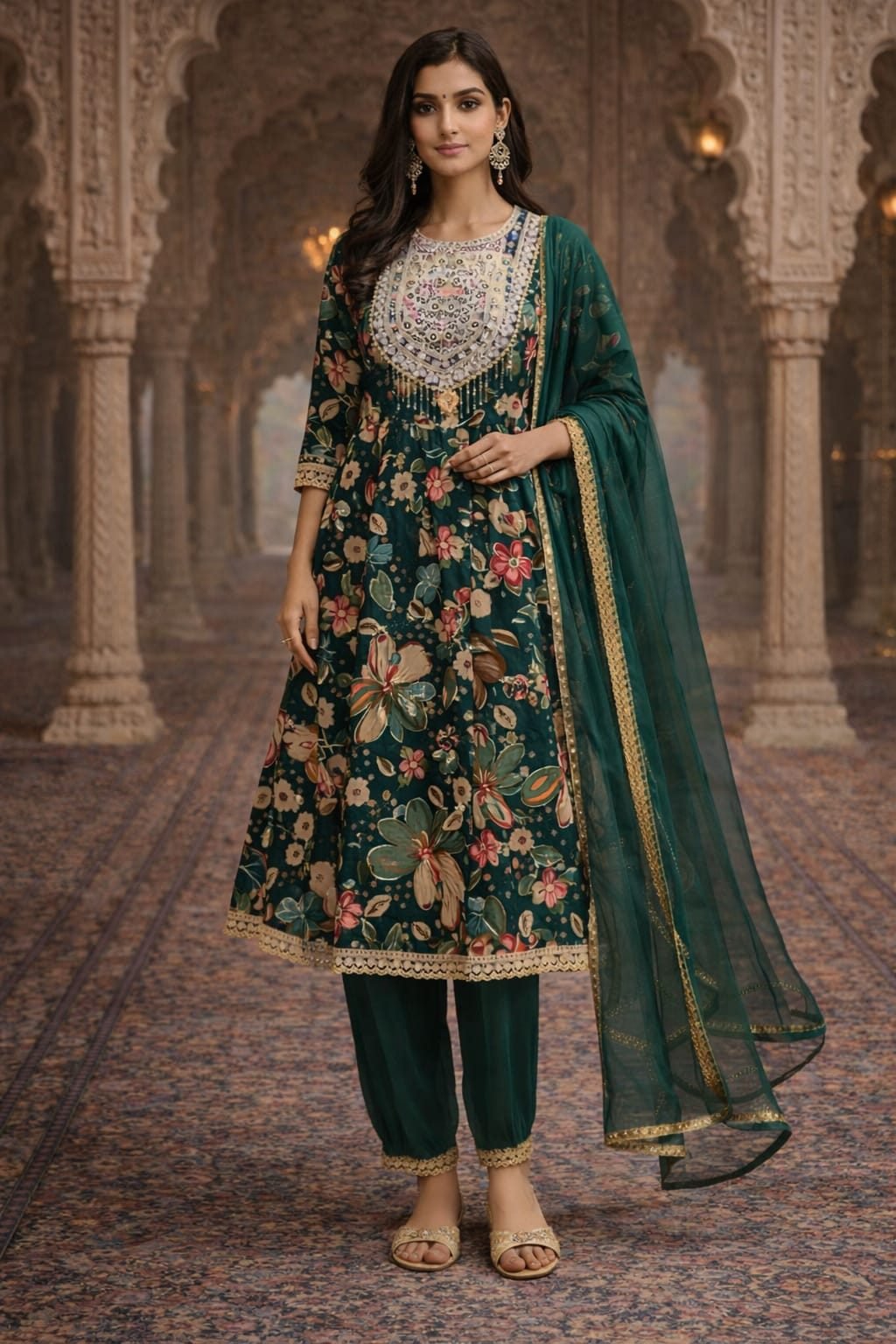 AL-Libas Women Floral Printed Kurta Pant Dupatta Set | Green Ethnic Festive Kurti Set | Traditional Straight Fit - 1