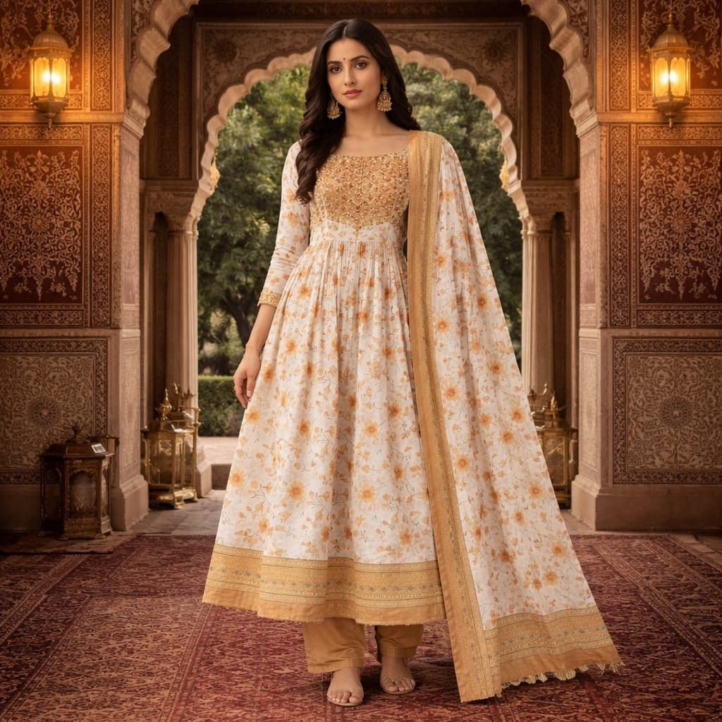 Women Floral Print Anarkali Kurta Set with Dupatta & Pant | Embroidered Yoke Ethnic Festive Suit