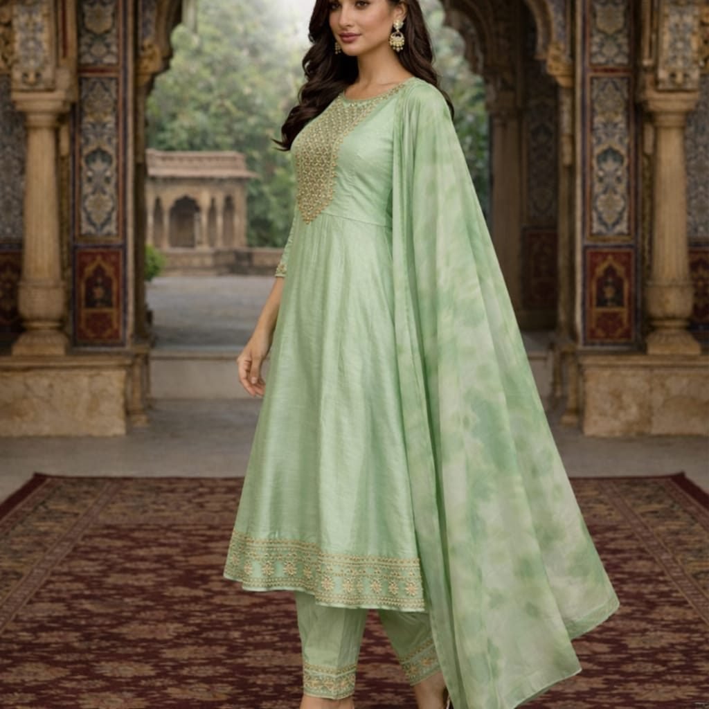 Women Mint Green Anarkali Kurta Pant Dupatta Set | Embroidered Party Wear 3 Piece Suit - 1