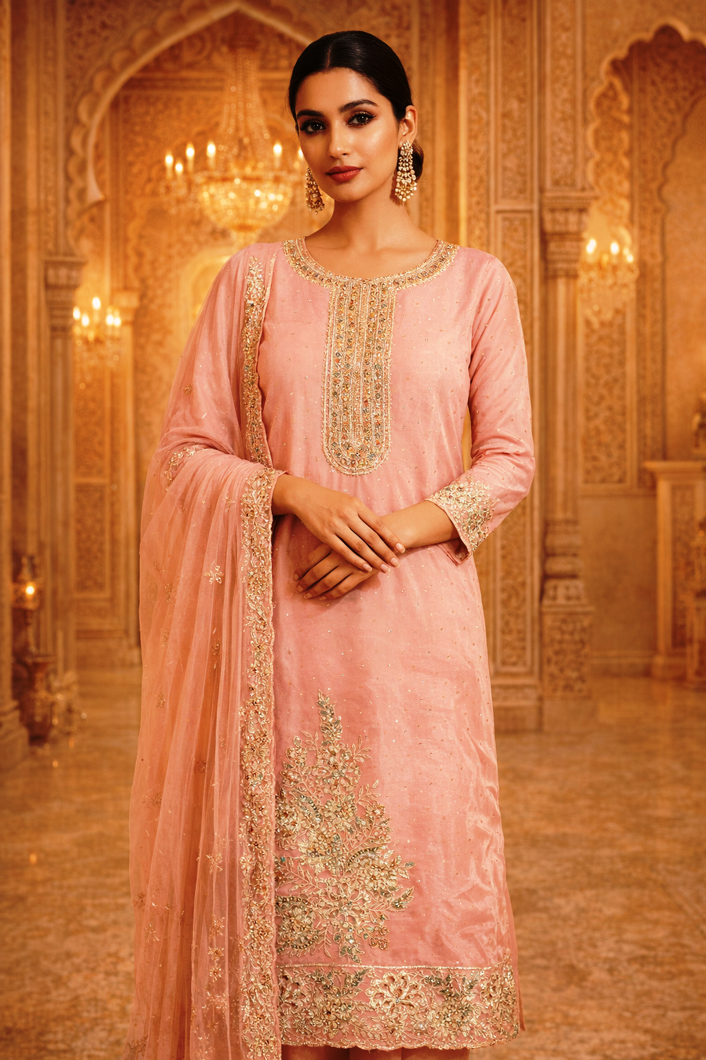 Peach Embroidered Unstitched Salwar Suit for Women with Dupatta | Festive Ethnic Dress Material