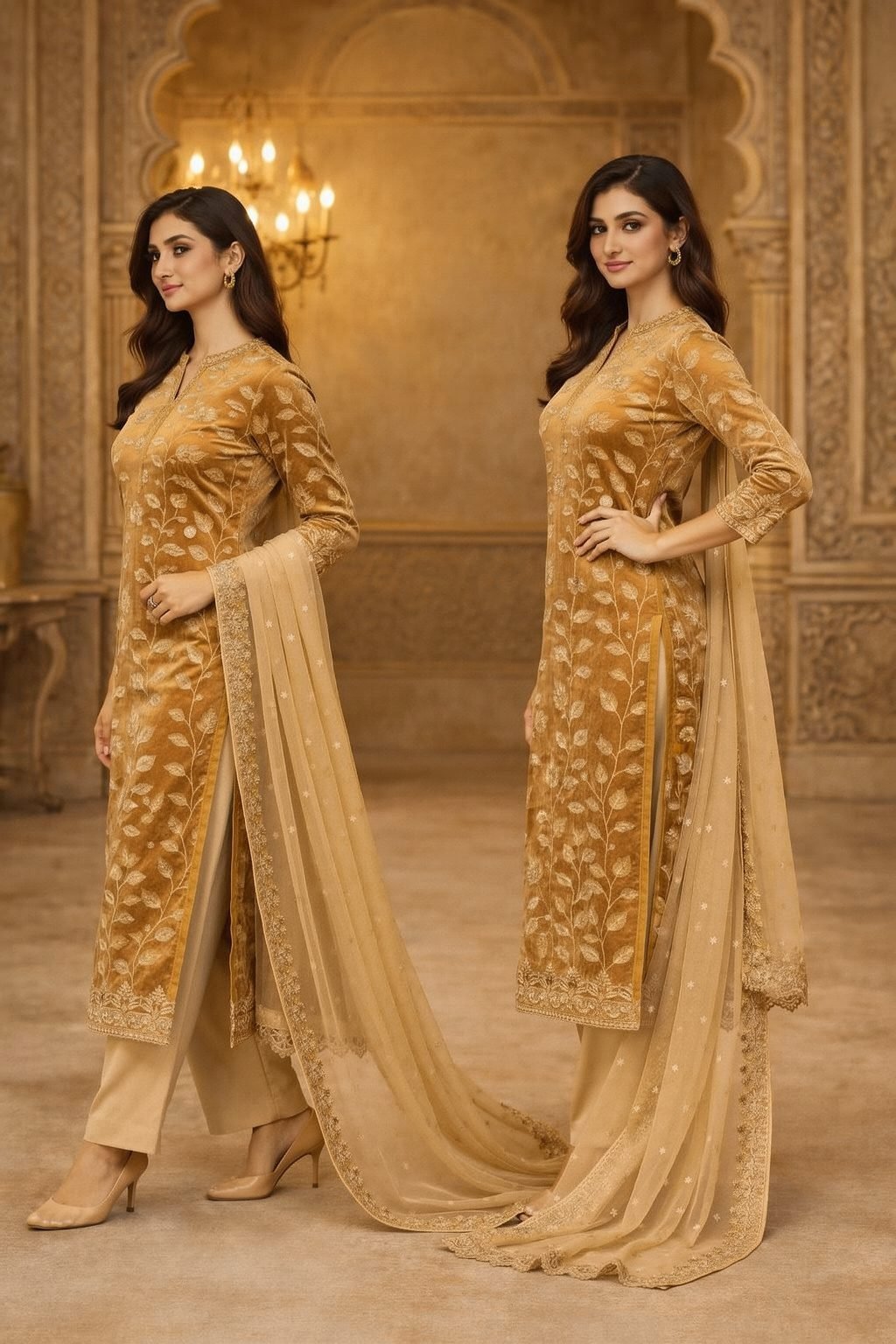 Brown Liza Mugra Work Unstitched Salwar Suit Dress Material with Dupatta | Fancy Zarkhan Work Ethnic Wear