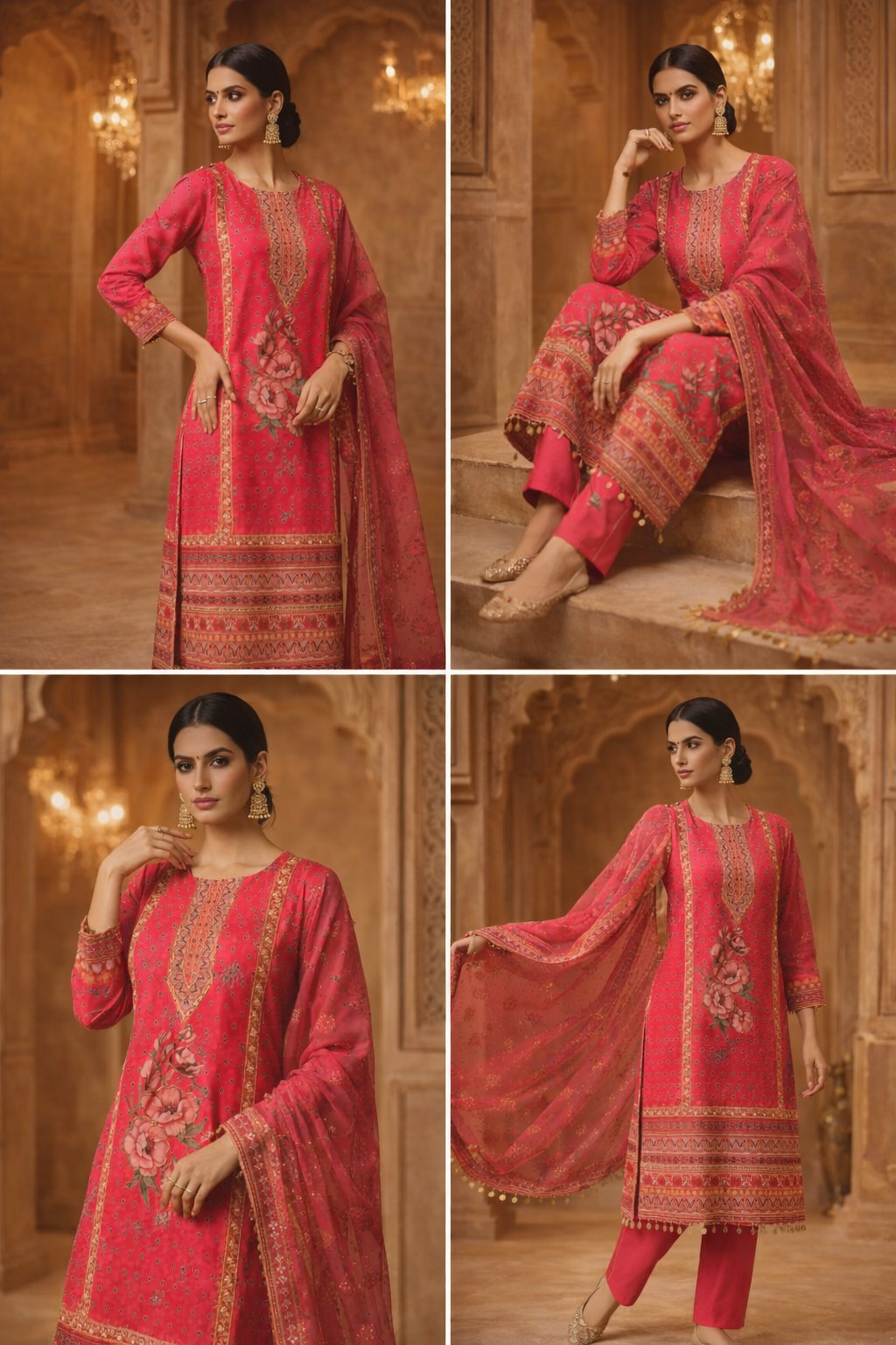 AL-Libas Pink Embroidered Salwar Kameez Set for Women | Kurta, Pant & Dupatta | Traditional Floral Print, Comfortable Fabric - 1