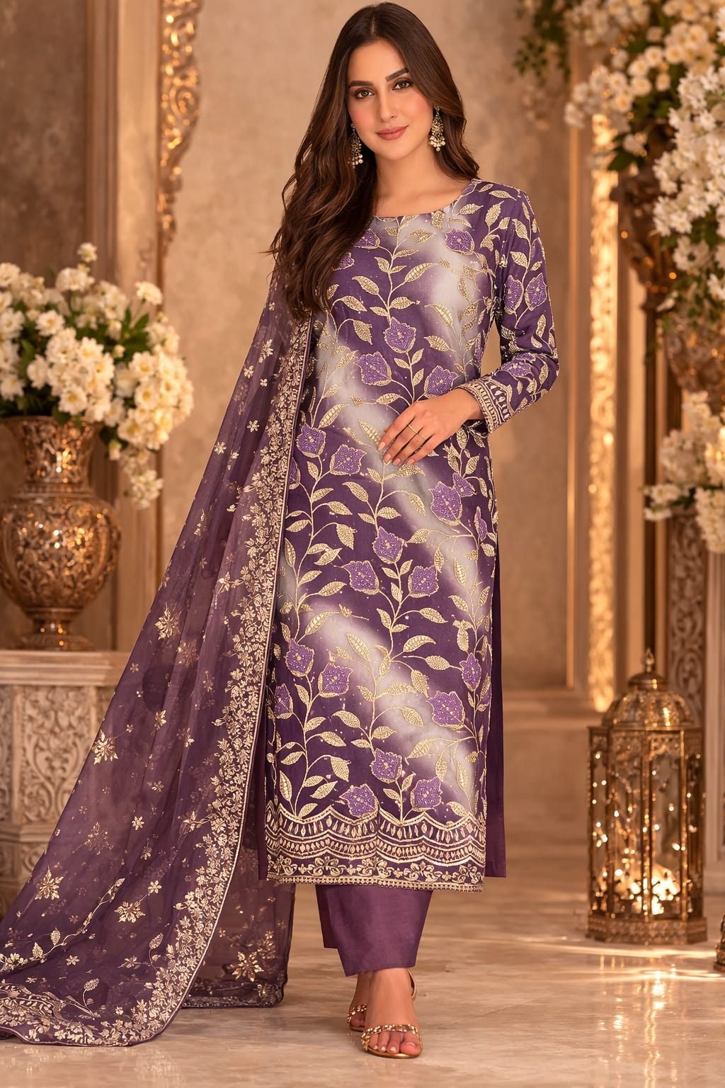 Purple Liza Mugra Work Unstitched Salwar Suit Dress Material with Dupatta | Fancy Zarkhan Work Ethnic Wear - 1